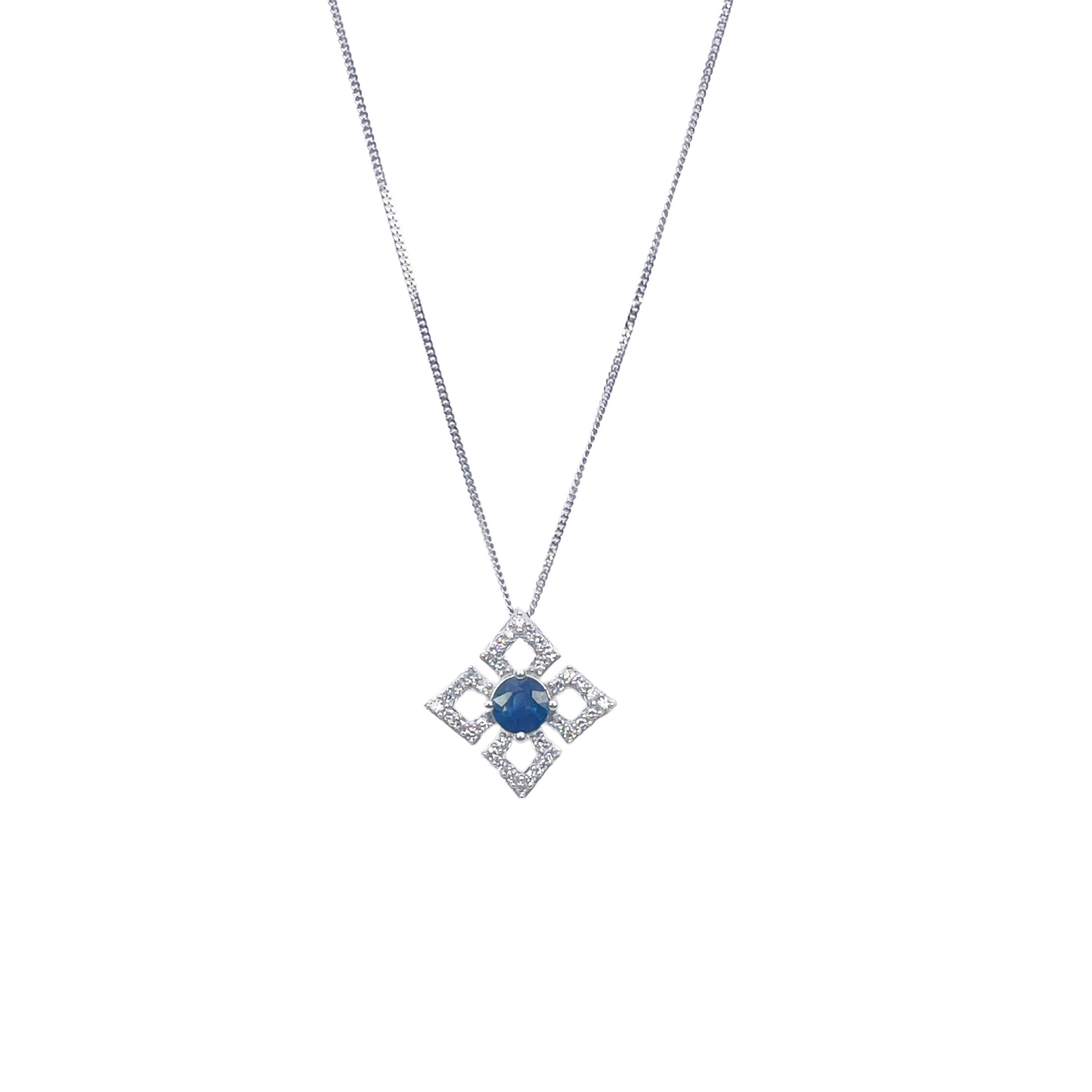 18ct White Gold Diamond & Sapphire Kite Pendant With A 16''inch Chain Necklace 0.77ct