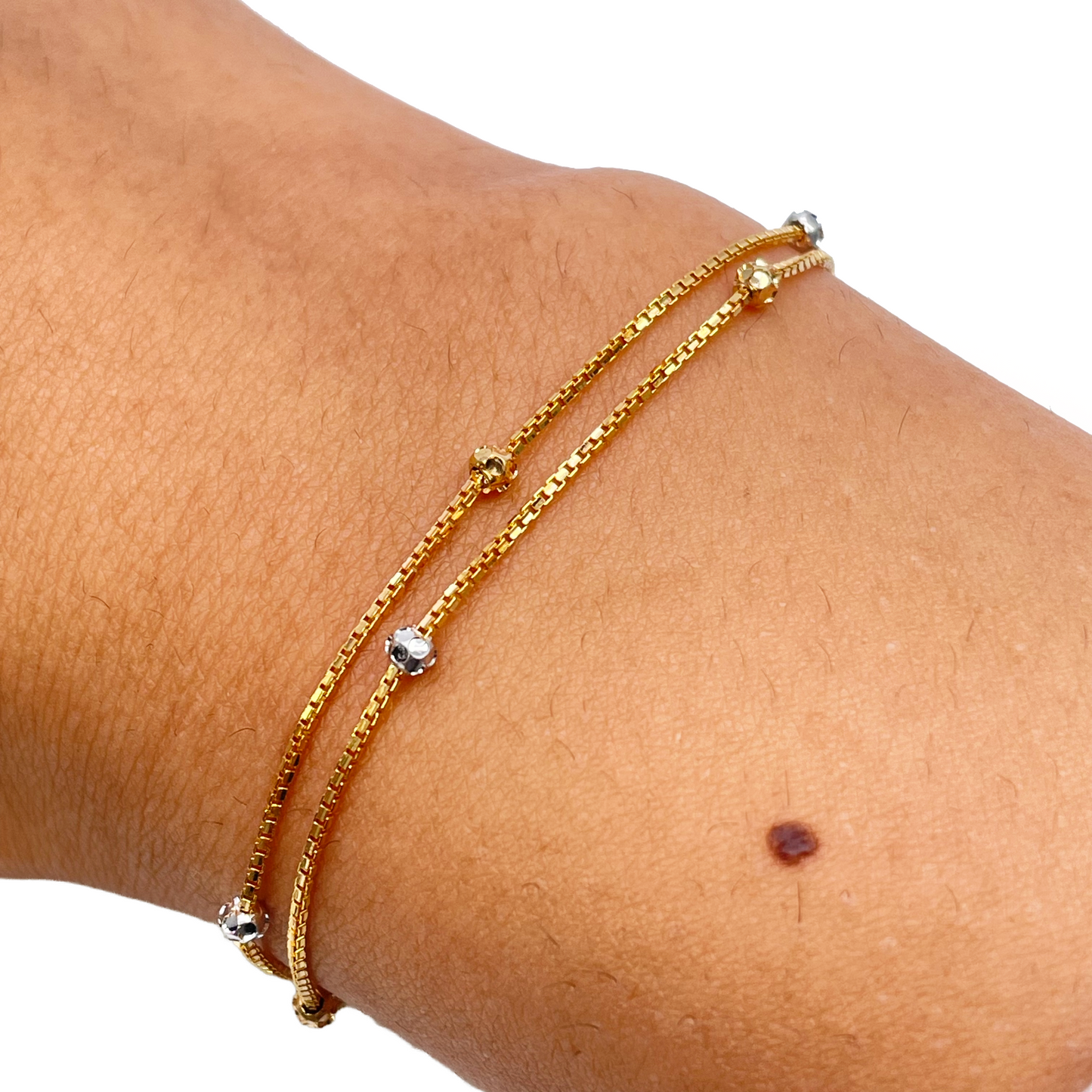 22ct Yellow Gold Double Layered Chain With Two-Tone Diamond Cut Beads Bracelet