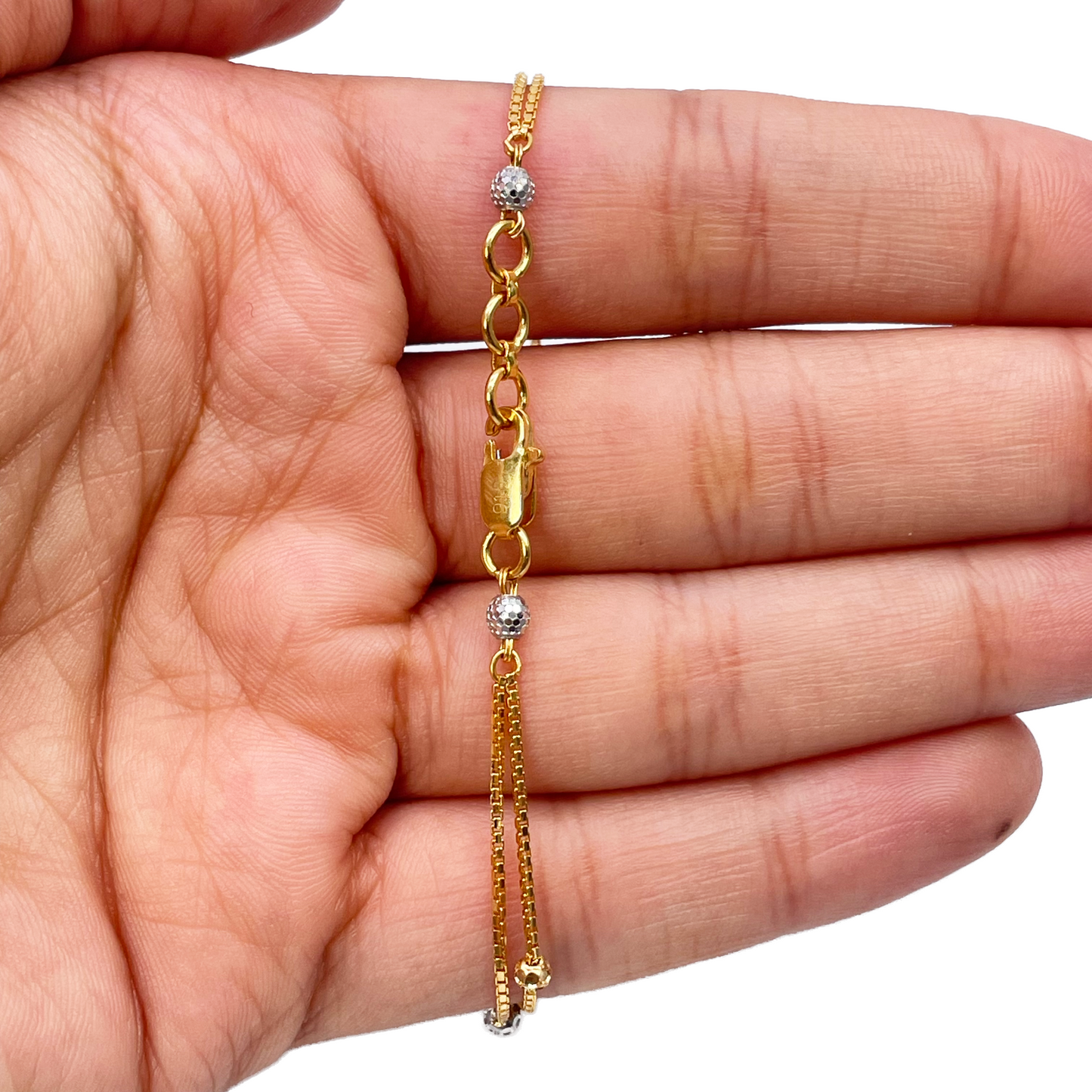 22ct Yellow Gold Double Layered Chain With Two-Tone Diamond Cut Beads Bracelet