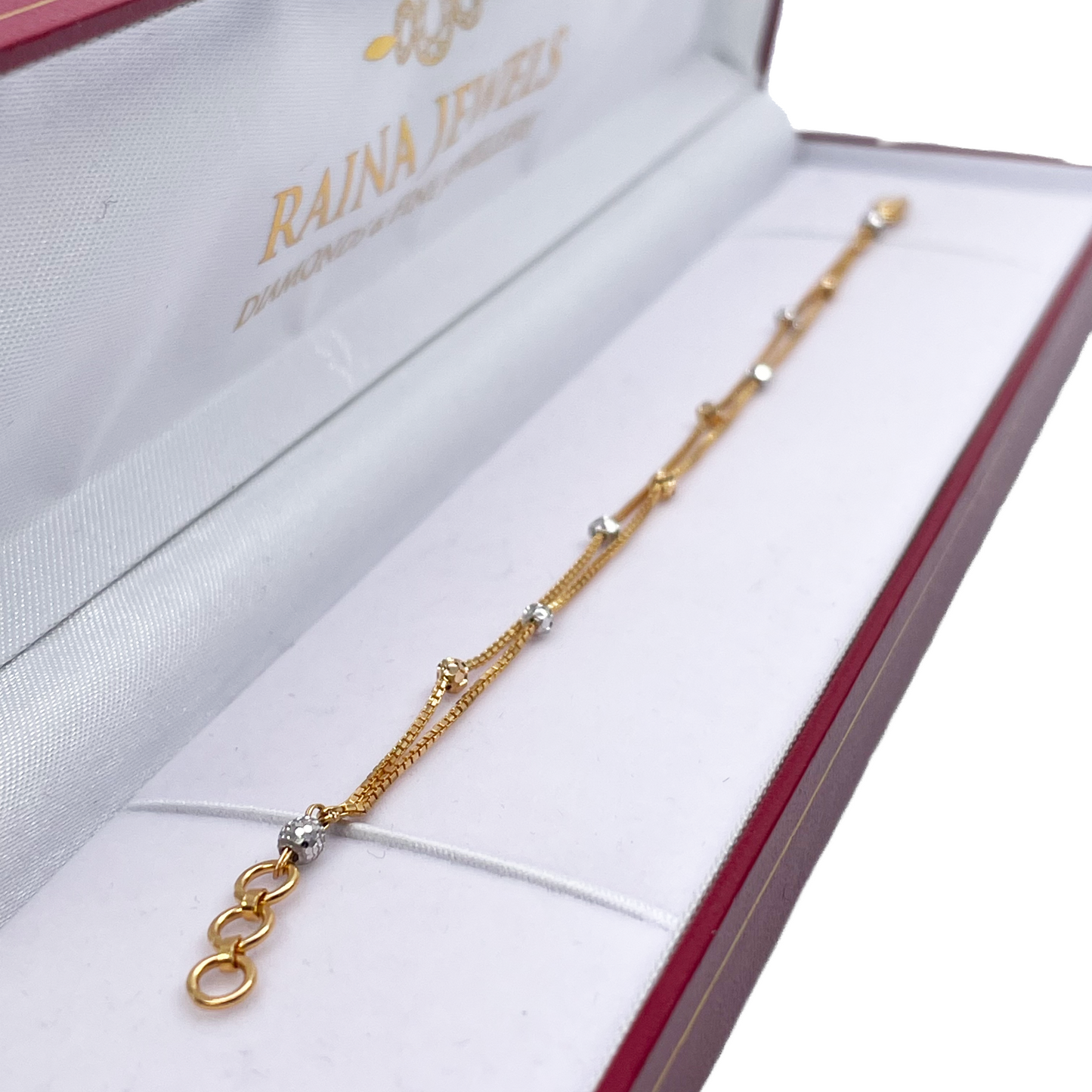 22ct Yellow Gold Double Layered Chain With Two-Tone Diamond Cut Beads Bracelet