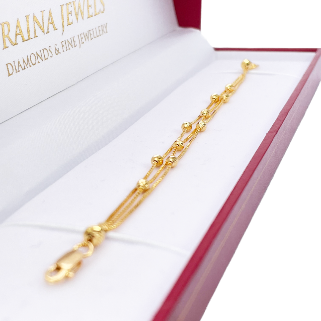 22ct Yellow Gold Triple Layered Chain With Diamond Cut Beads Bracelet