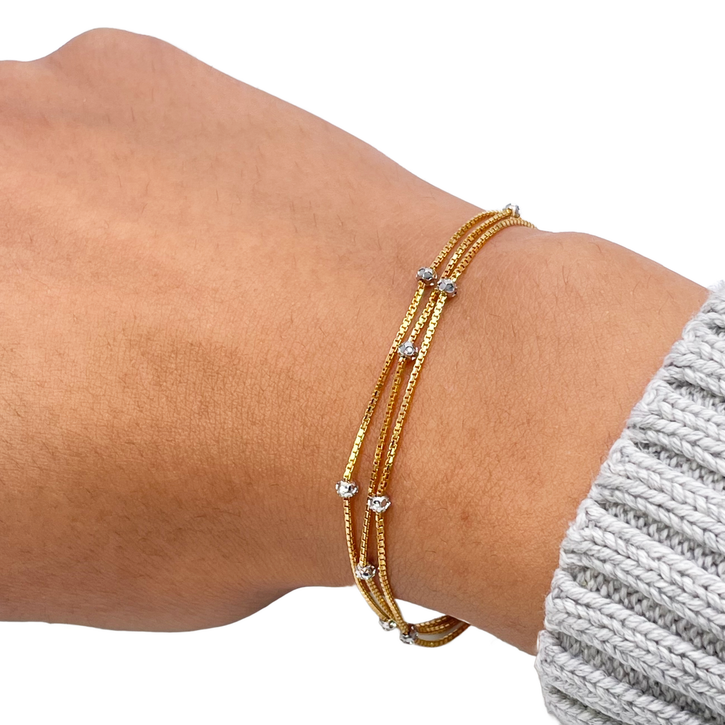 22ct Yellow Gold Two-Tone Triple Chain Layered With Diamond Cut Beads Bracelet