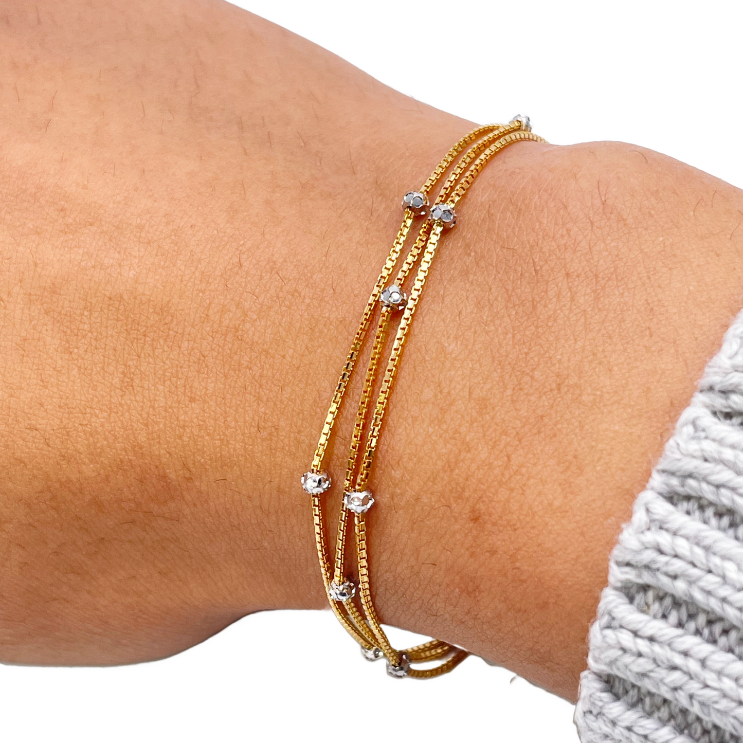 22ct Yellow Gold Two-Tone Triple Chain Layered With Diamond Cut Beads Bracelet