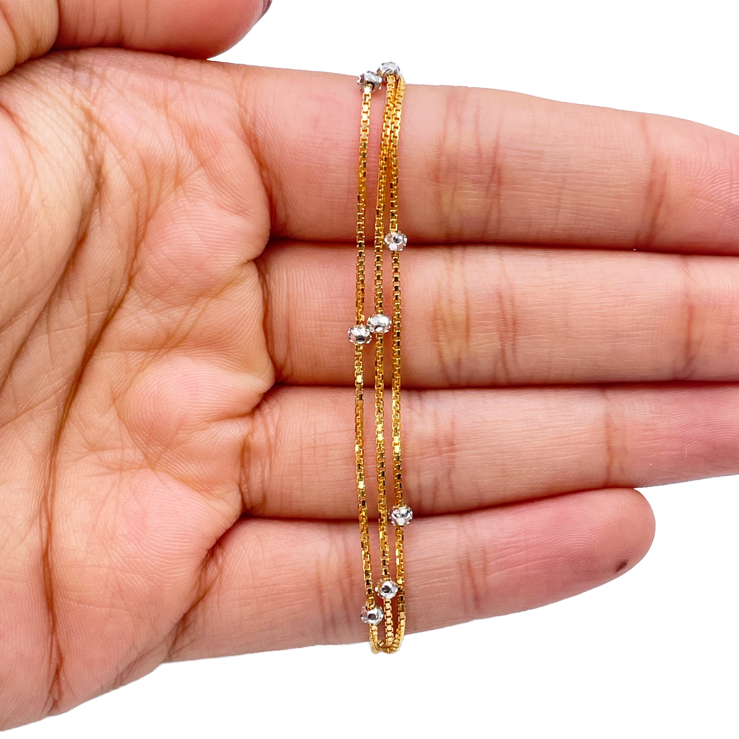22ct Yellow Gold Two-Tone Triple Chain Layered With Diamond Cut Beads Bracelet