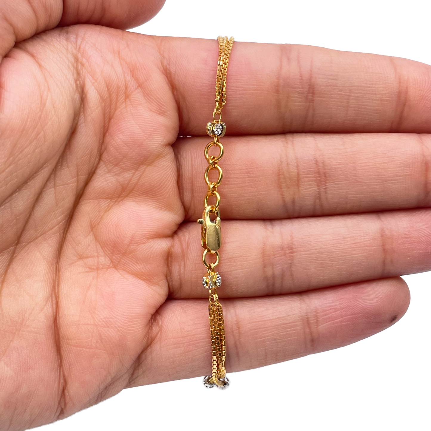 22ct Yellow Gold Two-Tone Triple Chain Layered With Diamond Cut Beads Bracelet