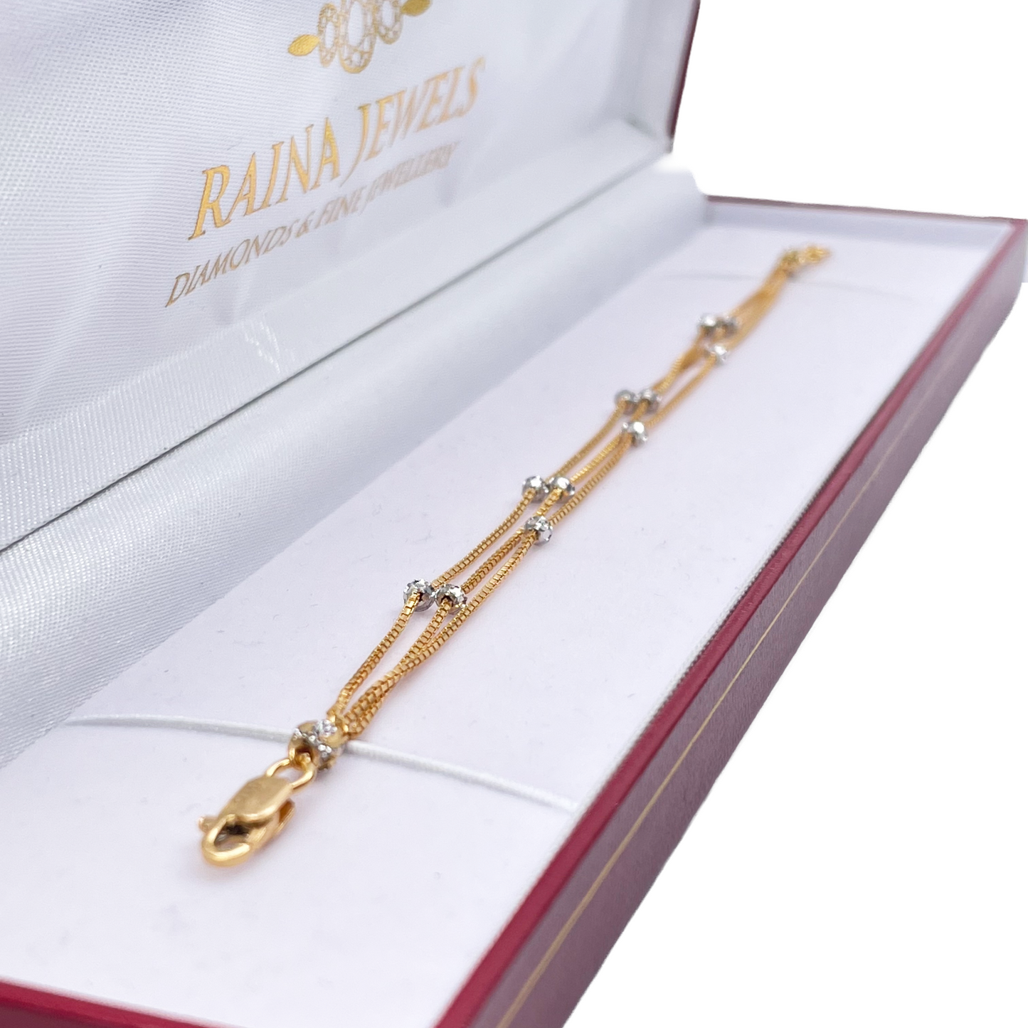 22ct Yellow Gold Two-Tone Triple Chain Layered With Diamond Cut Beads Bracelet