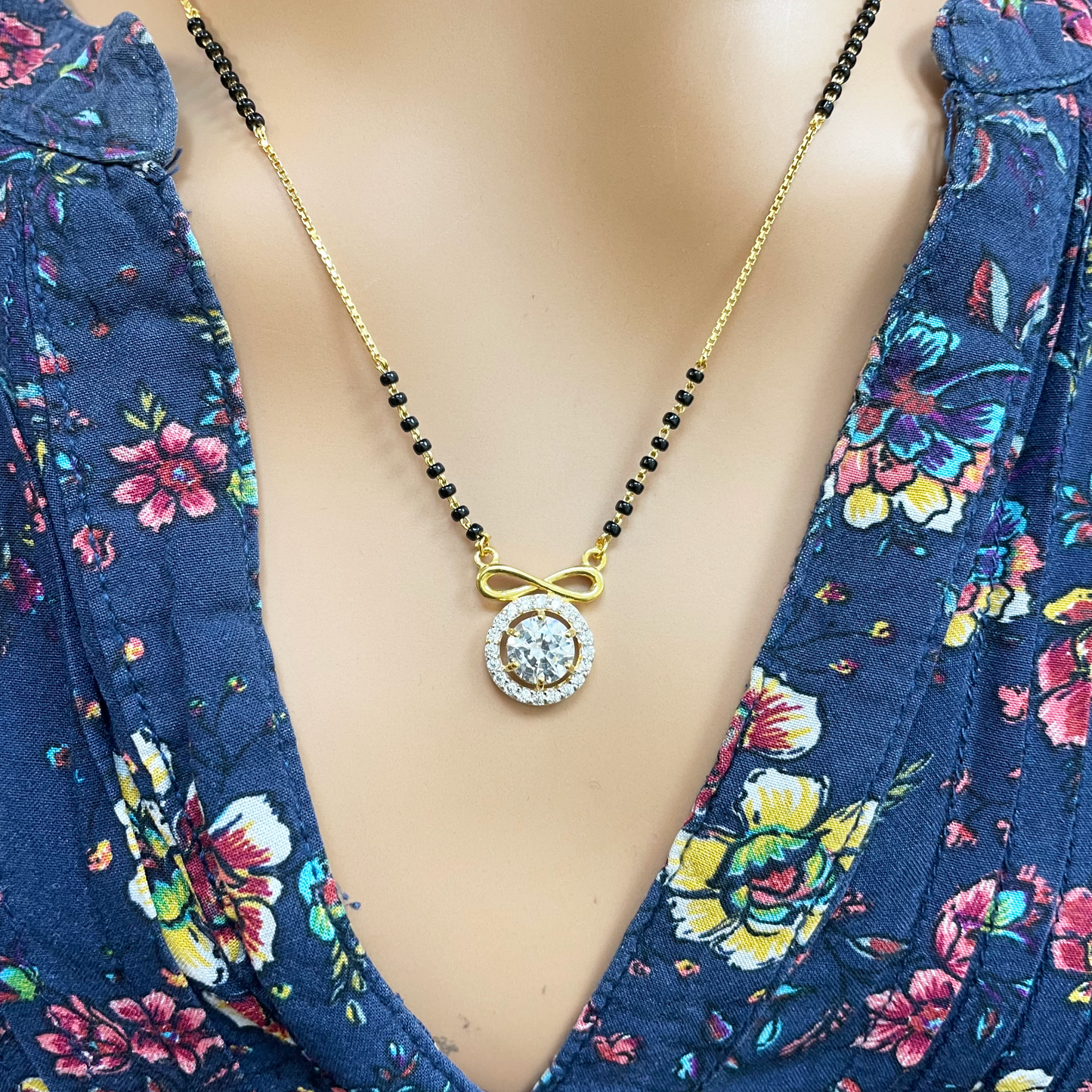 22ct Yellow Gold Cubic Zirconia Halo Infinity Mangalsutra Necklace 19''inches