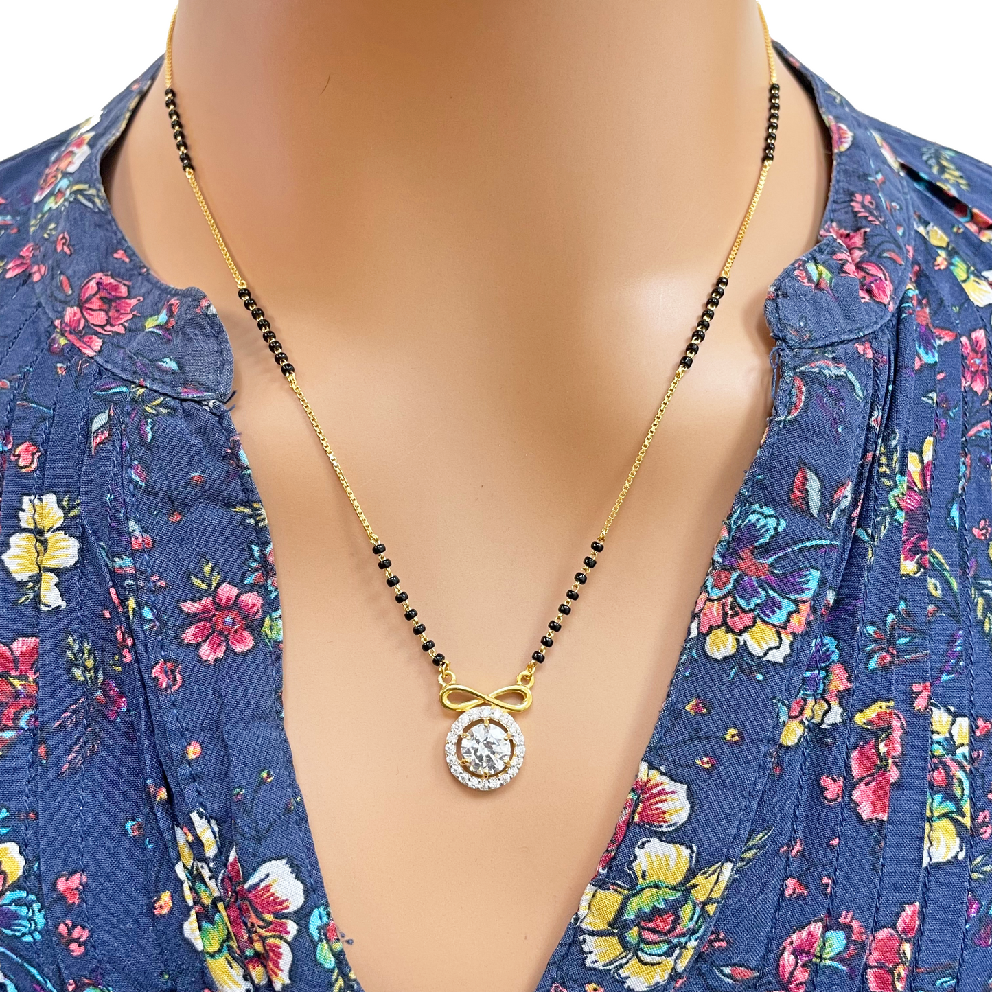 22ct Yellow Gold Cubic Zirconia Halo Infinity Mangalsutra Necklace 19''inches
