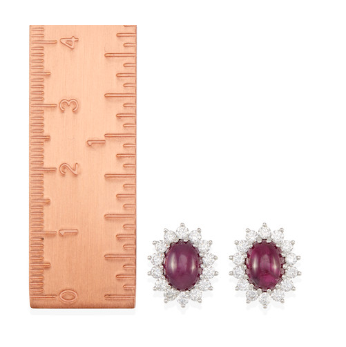 Platinum Cabochon RedRuby & Diamond Oval Cluster Earrings 5.60ct GIA Certificate