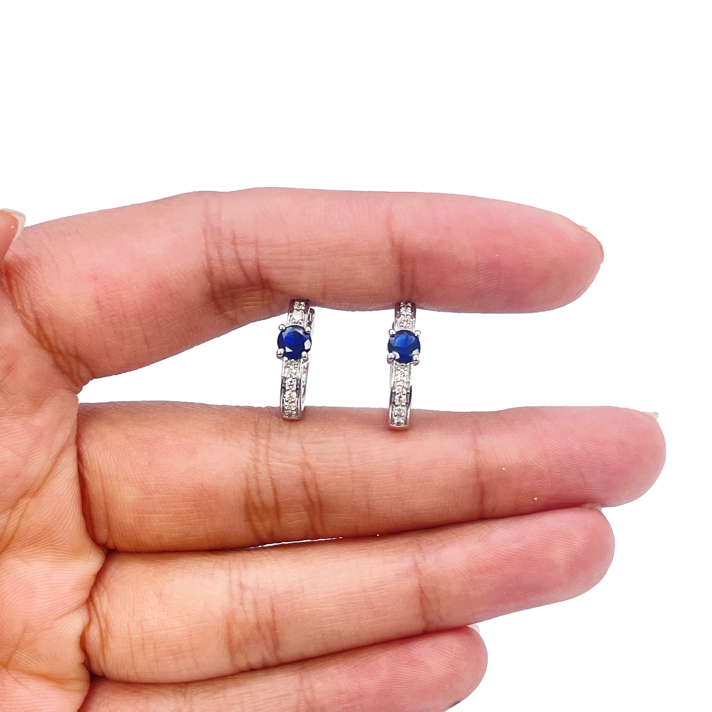 18ct White Gold Natural Sapphire Prong & Diamond Huggie Hoop Earrings 0.64ct