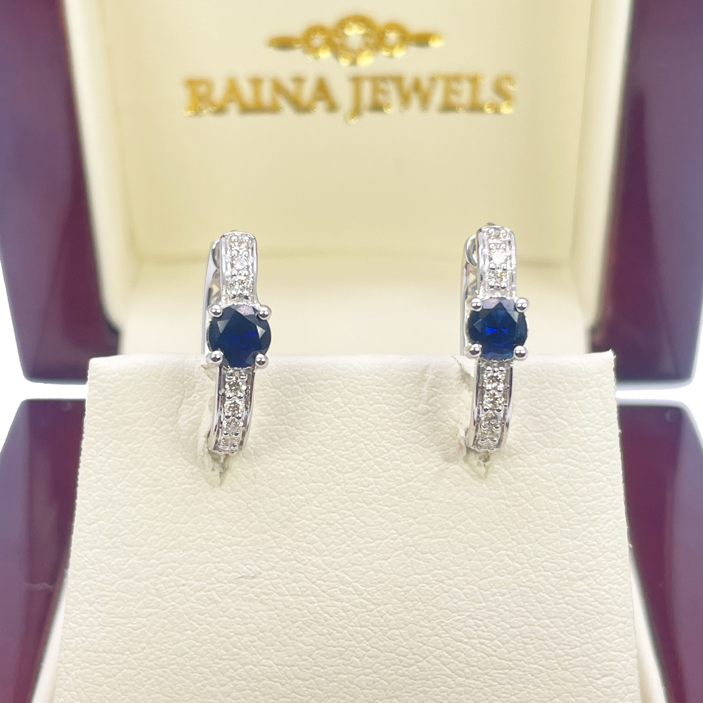 18ct White Gold Natural Sapphire Prong & Diamond Huggie Hoop Earrings 0.64ct
