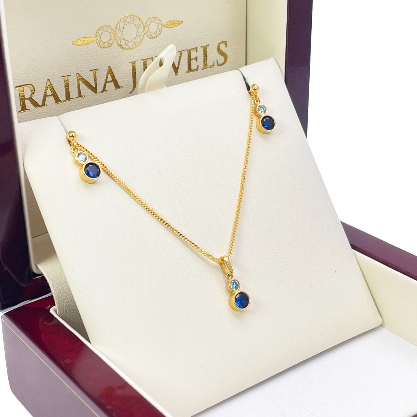 22ct Yellow Gold Drop Blue Bubble Pendant & Chain With Matching Drop Earrings