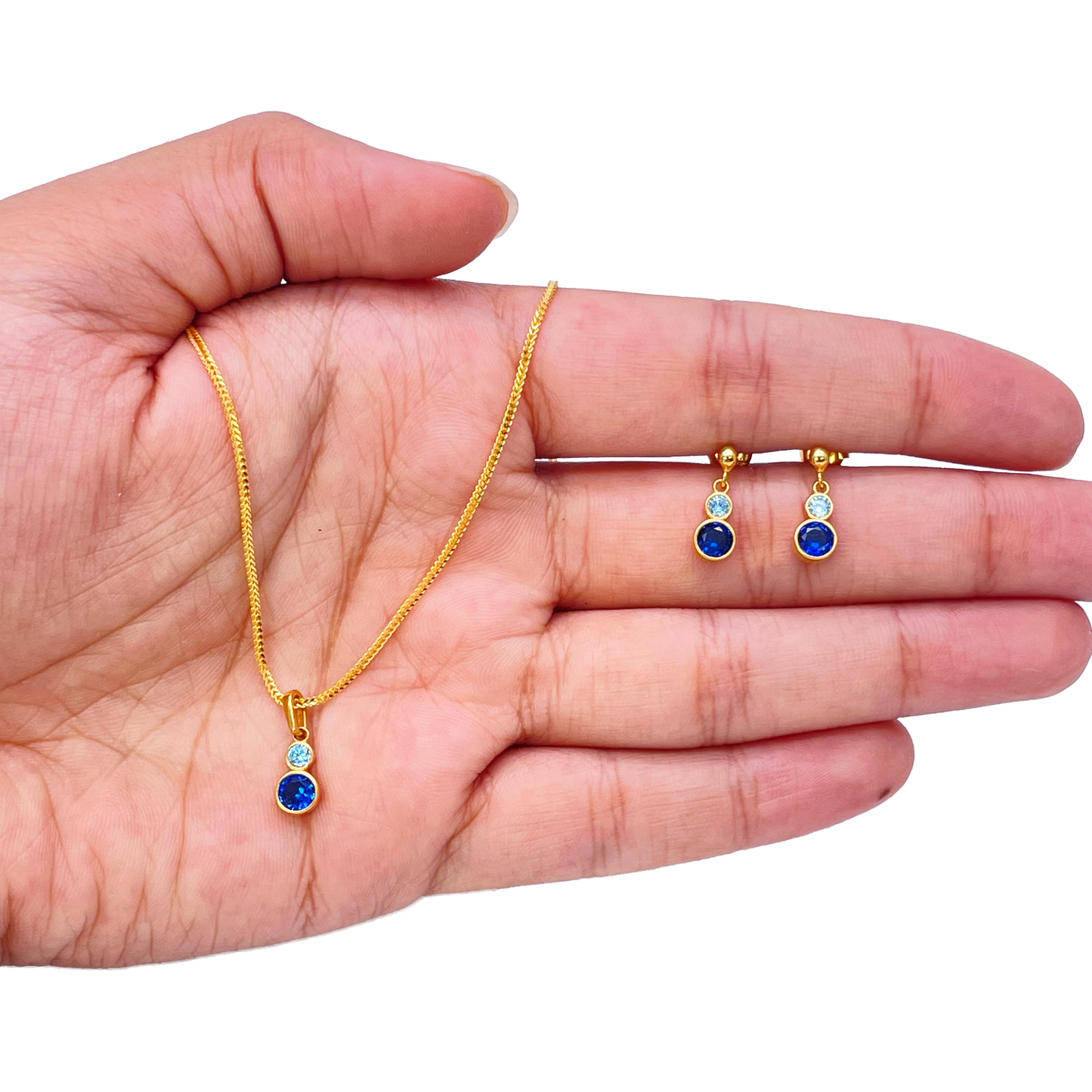22ct Yellow Gold Drop Blue Bubble Pendant & Chain With Matching Drop Earrings