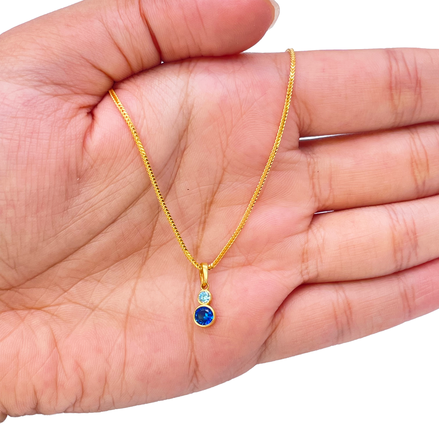 22ct Yellow Gold Drop Blue Bubble Pendant & Chain With Matching Drop Earrings