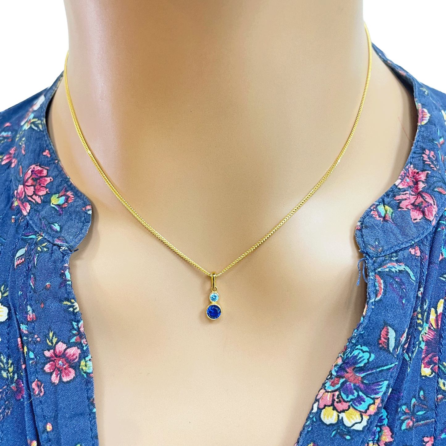 22ct Yellow Gold Drop Blue Bubble Pendant & Chain With Matching Drop Earrings