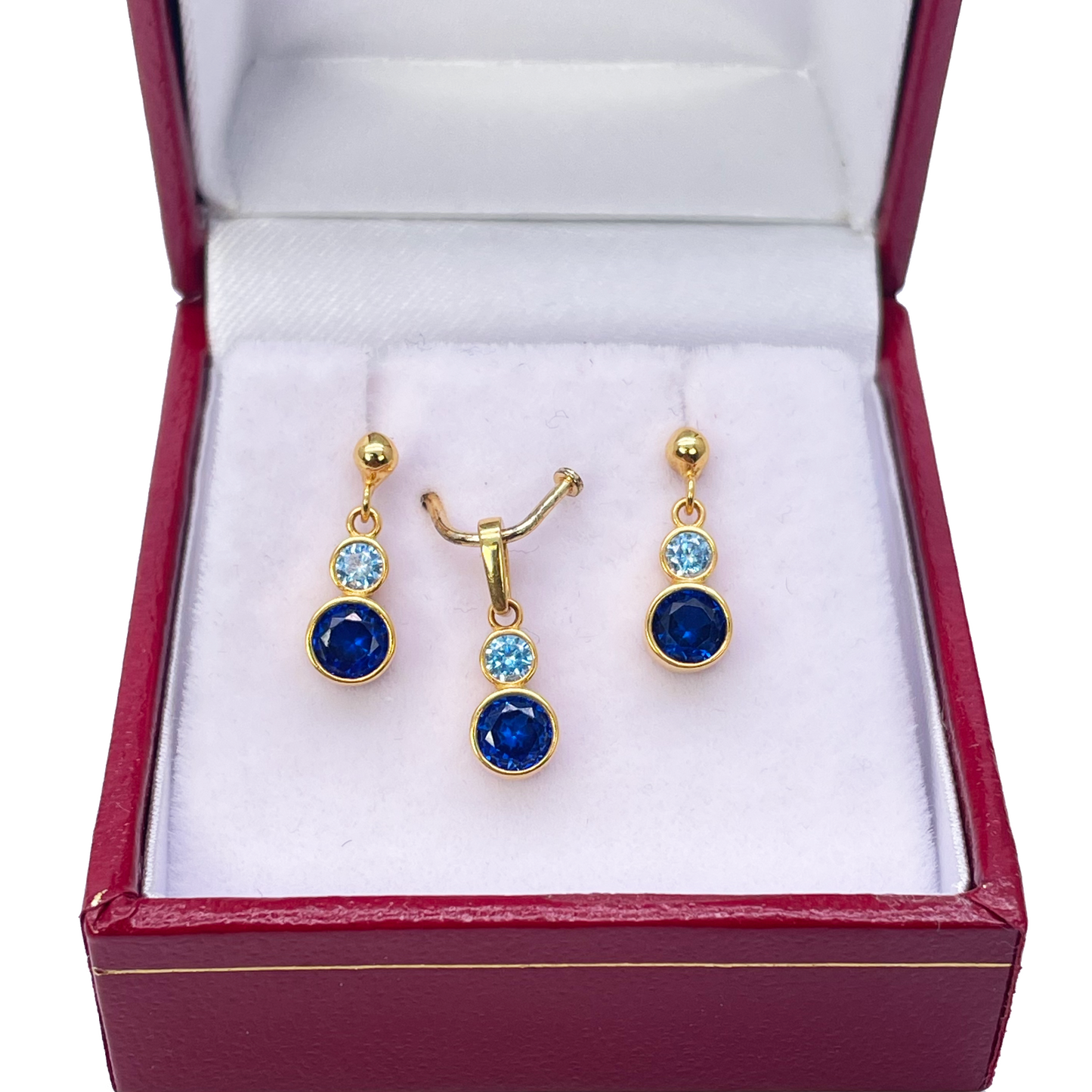 22ct Yellow Gold Drop Blue Bubble Pendant & Chain With Matching Drop Earrings