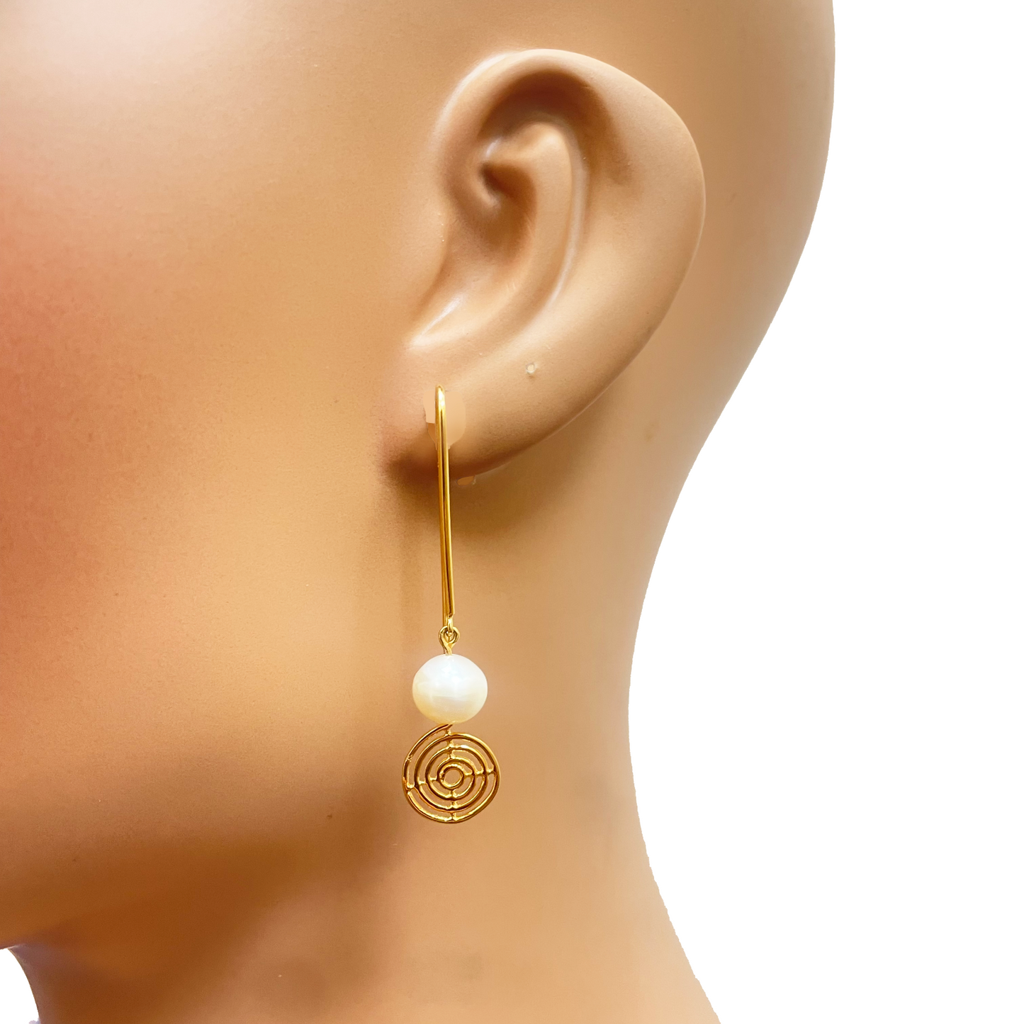 22ct Yellow Gold Paper Clip Freshwater Pearl & Swirl Tassel Drop Earrings