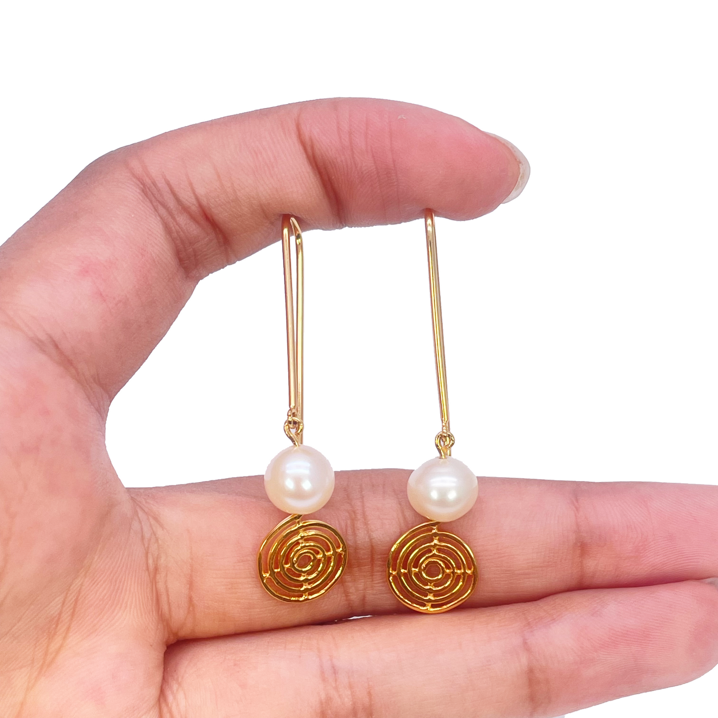22ct Yellow Gold Paper Clip Freshwater Pearl & Swirl Tassel Drop Earrings