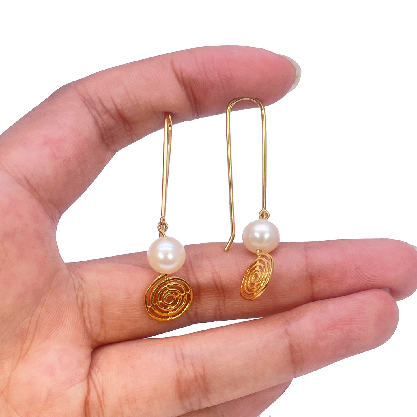 22ct Yellow Gold Paper Clip Freshwater Pearl & Swirl Tassel Drop Earrings