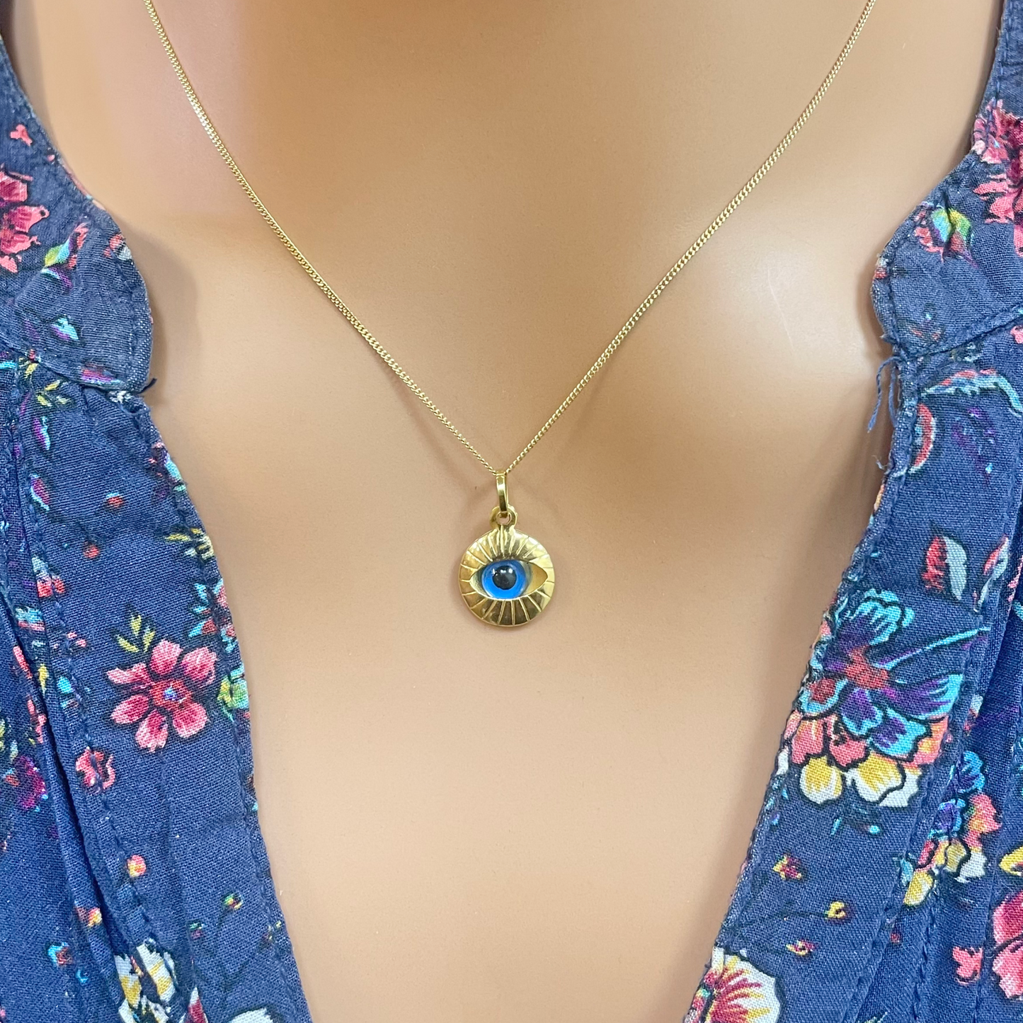 18ct Yellow Gold All Seeing Blue Evil Eye Pendant Charm With Chain 16