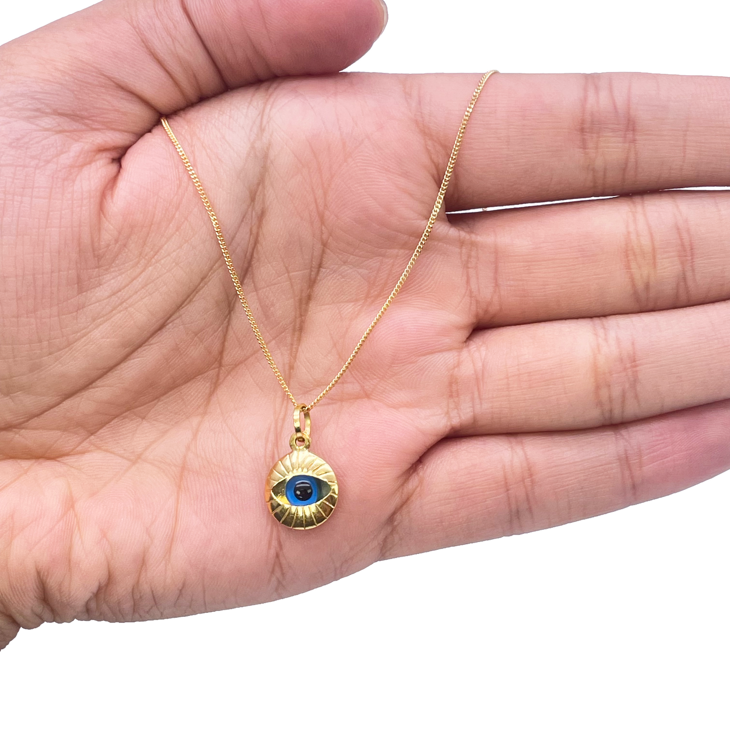 18ct Yellow Gold All Seeing Blue Evil Eye Pendant Charm With Chain 16