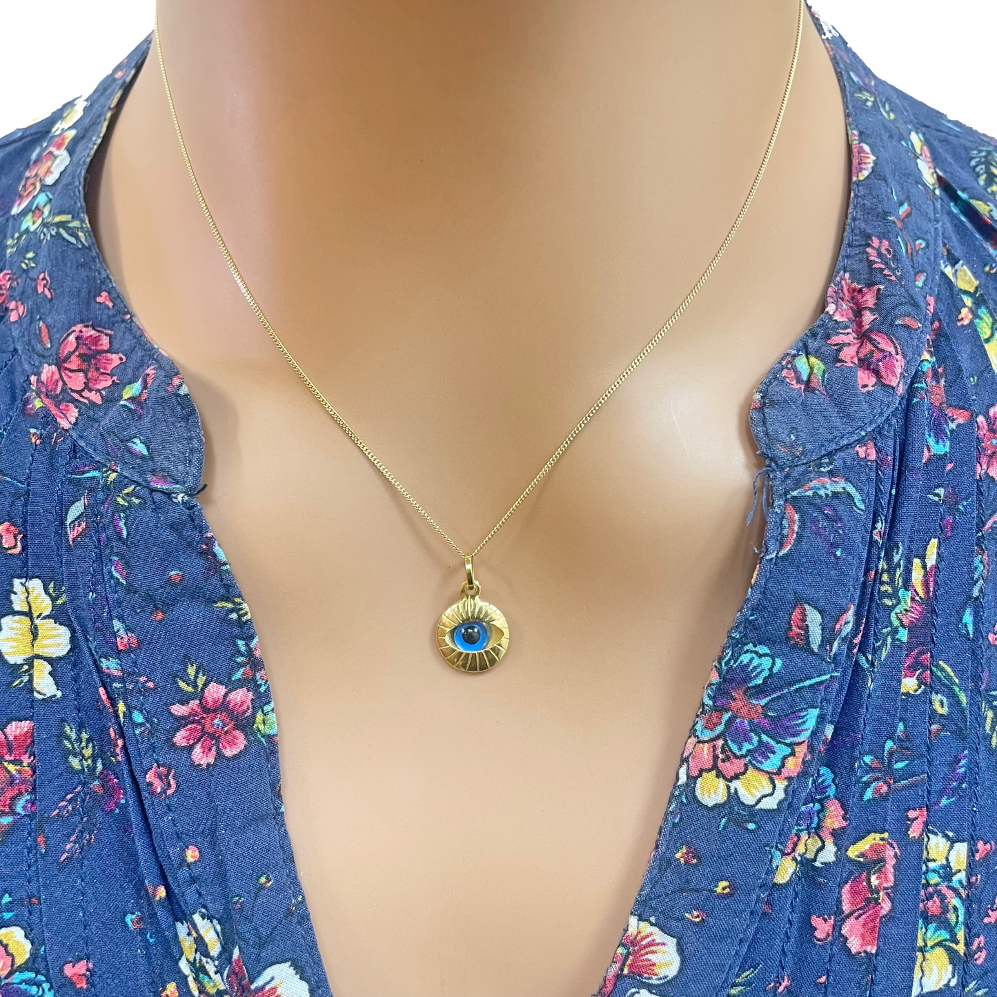 18ct Yellow Gold All Seeing Blue Evil Eye Pendant Charm With Chain 16