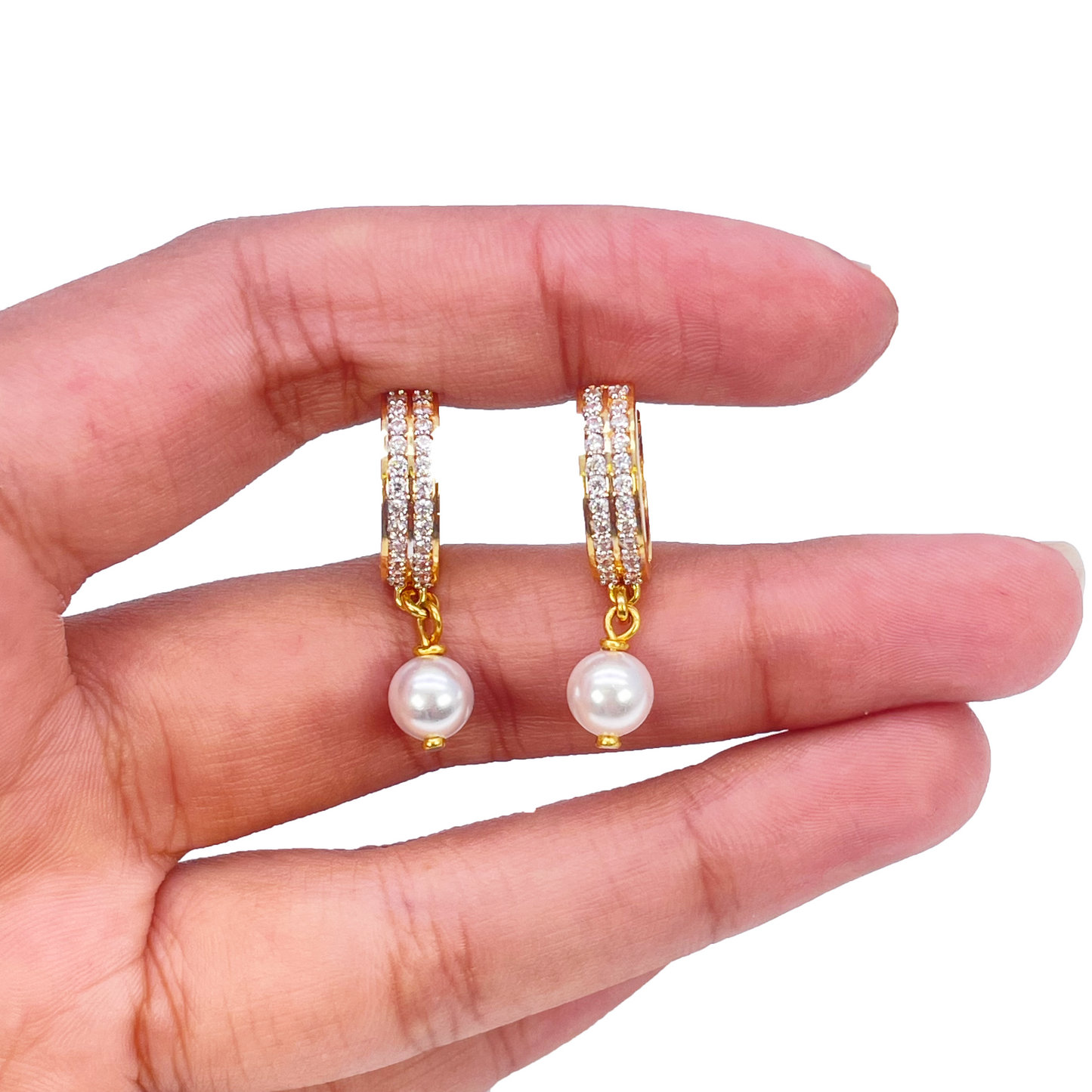 22ct Yellow Gold & Elegant Pearl Drop Huggies Hoop Earrings