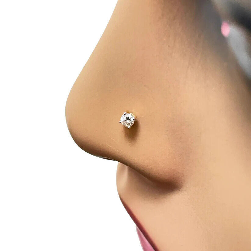 18ct White Or Yellow Gold Round Diamond Nose Stud Pin 0.07ct 4 claw 2.6mm