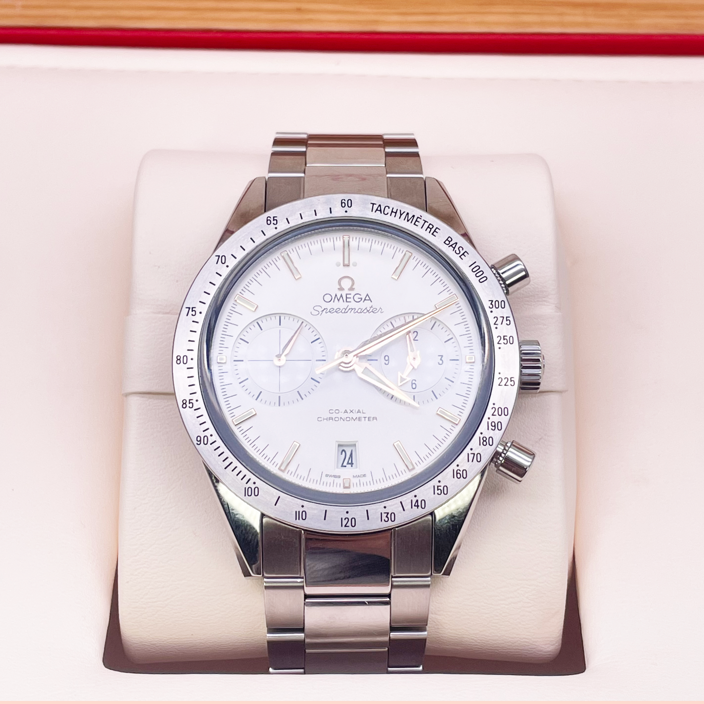 Omega Silver Stainless Steel Speedmaster '57 Co-Axial Chronograph With Watch Box