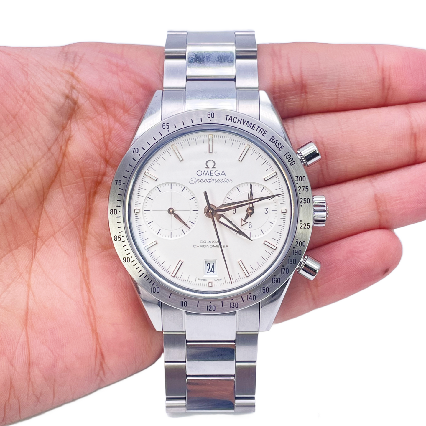 Omega Silver Stainless Steel Speedmaster '57 Co-Axial Chronograph With Watch Box