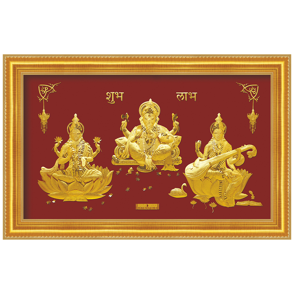 24ct Pure Gold Leaf Lakshmi, Ganesha & Saraswati Frame 35.5 x 22.8cm