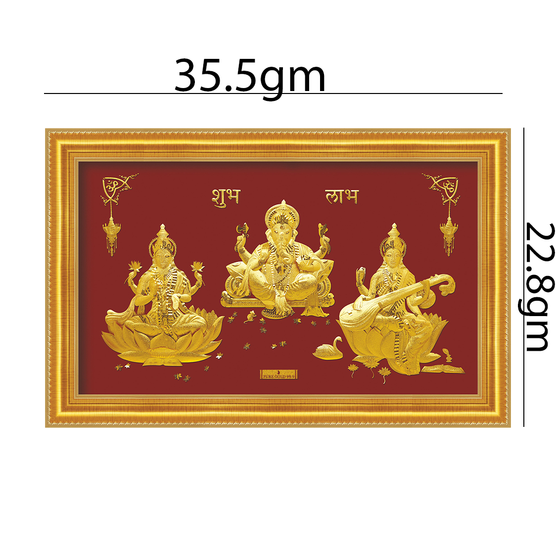24ct Pure Gold Leaf Lakshmi, Ganesha & Saraswati Frame 35.5 x 22.8cm