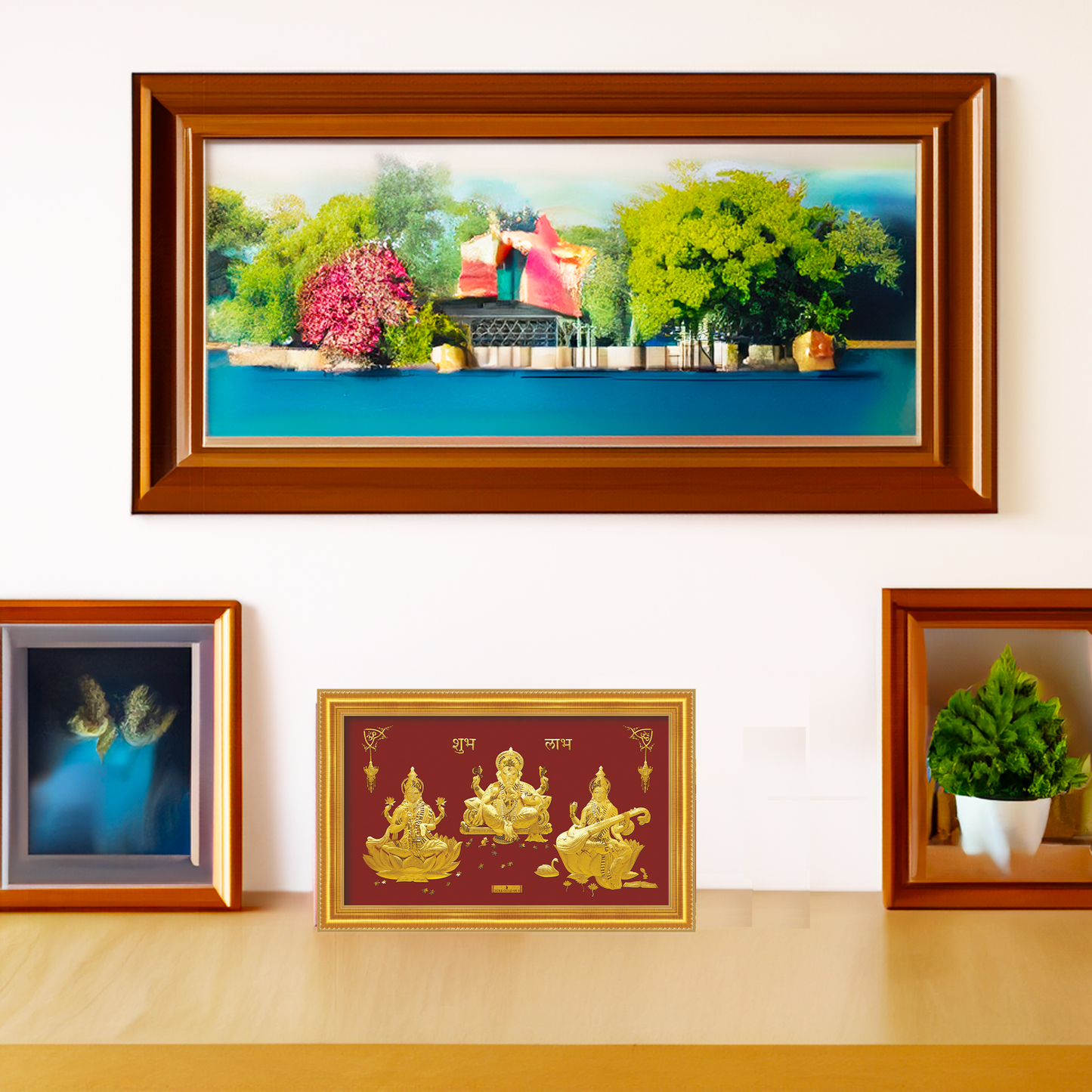24ct Pure Gold Leaf Lakshmi, Ganesha & Saraswati Frame 35.5 x 22.8cm