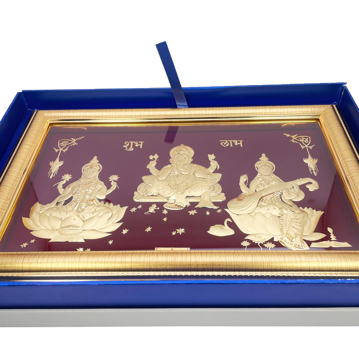 24ct Pure Gold Leaf Lakshmi, Ganesha & Saraswati Frame 35.5 x 22.8cm
