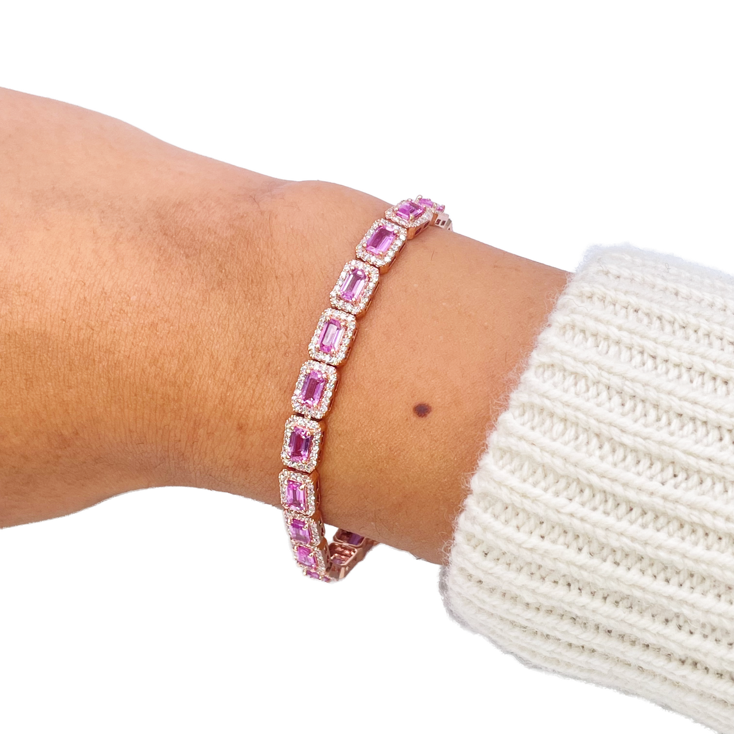 14ct Yellow Gold Diamond & Pink Sapphire Rectangular Halo Tennis Bracelet 9.10ct Diamond Bracelets