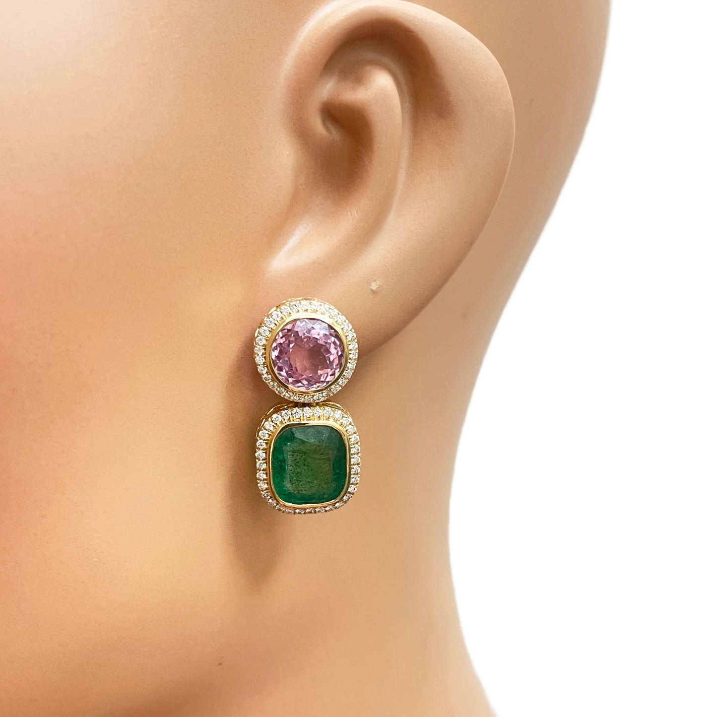 18ct Yellow Gold Emerald, Kunzite Rubover Set Halo Diamond Drop Earrings 17.76ct