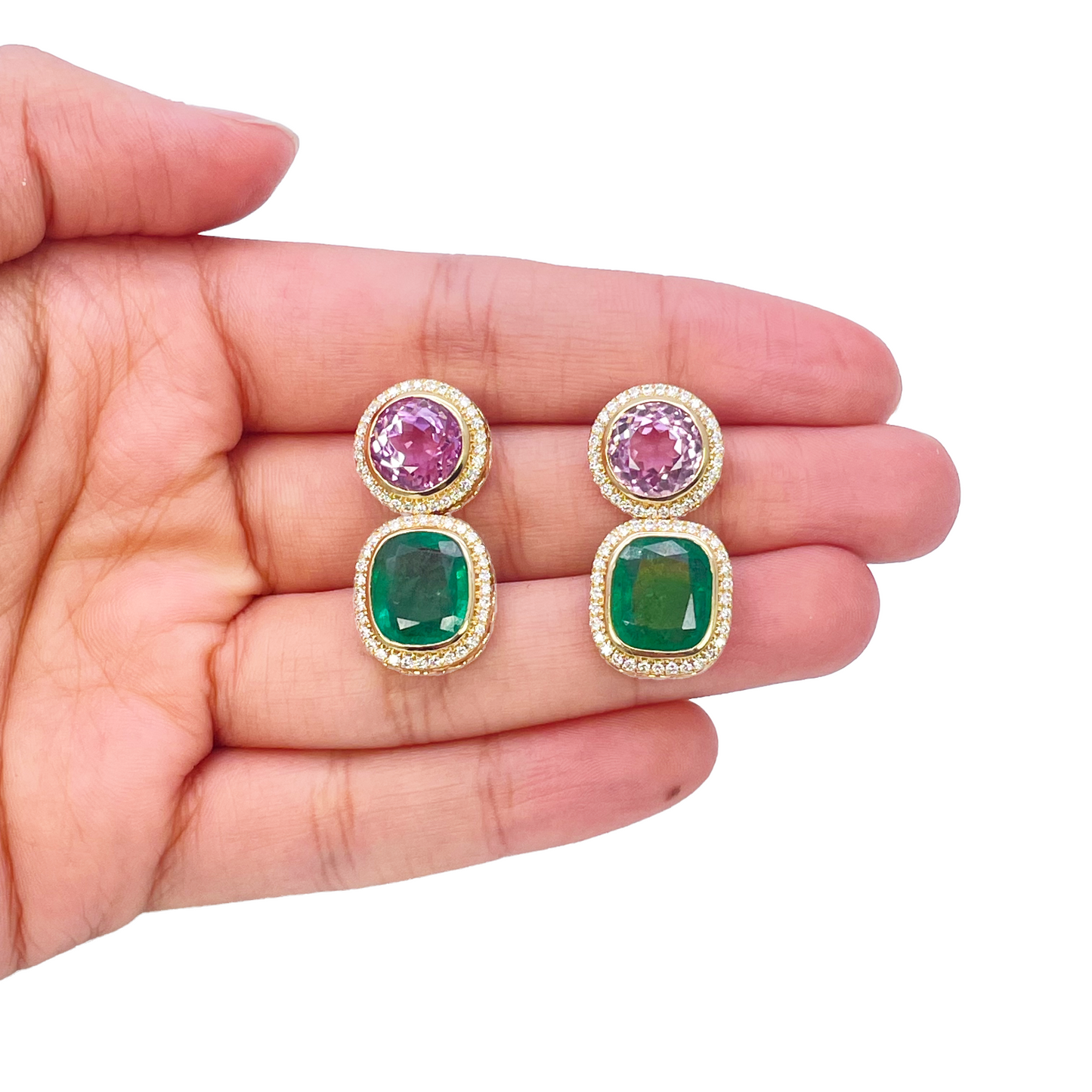 18ct Yellow Gold Emerald, Kunzite Rubover Set Halo Diamond Drop Earrings 17.76ct