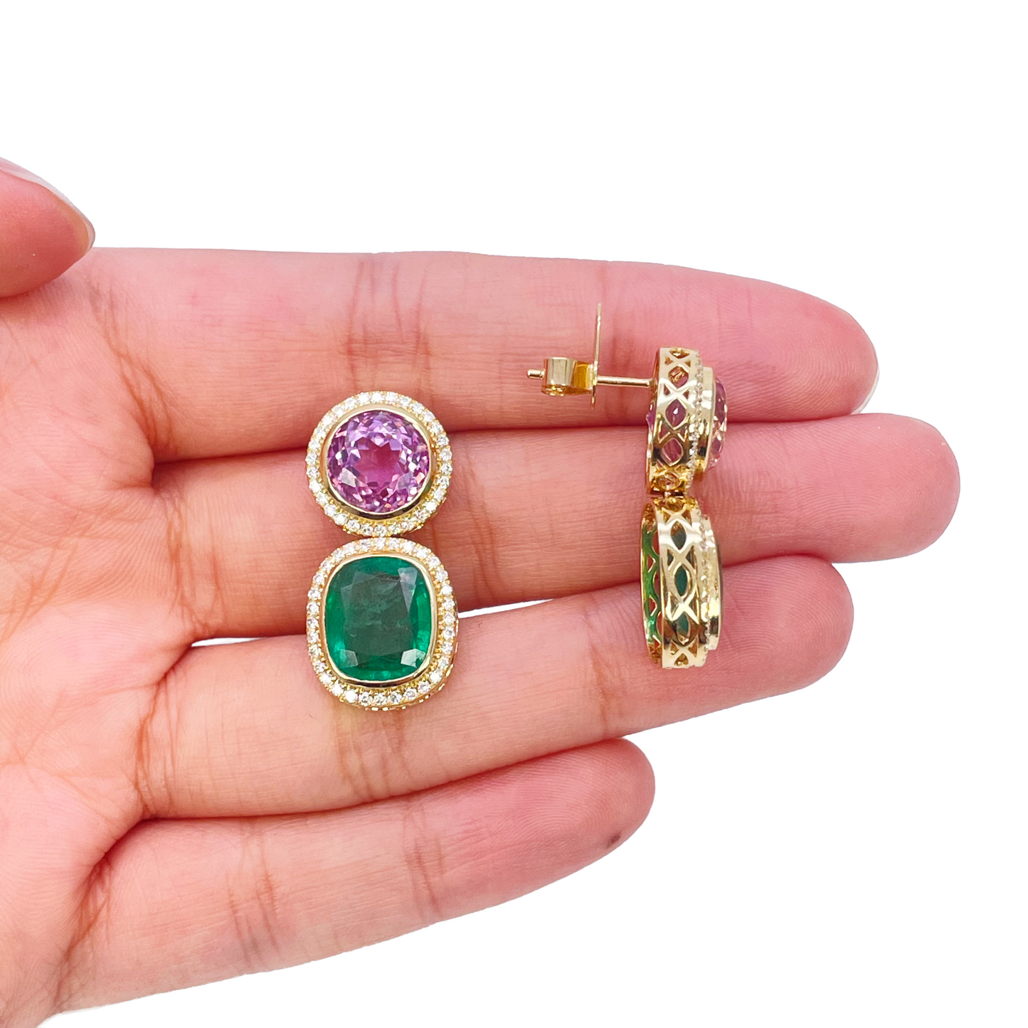 18ct Yellow Gold Emerald, Kunzite Rubover Set Halo Diamond Drop Earrings 17.76ct