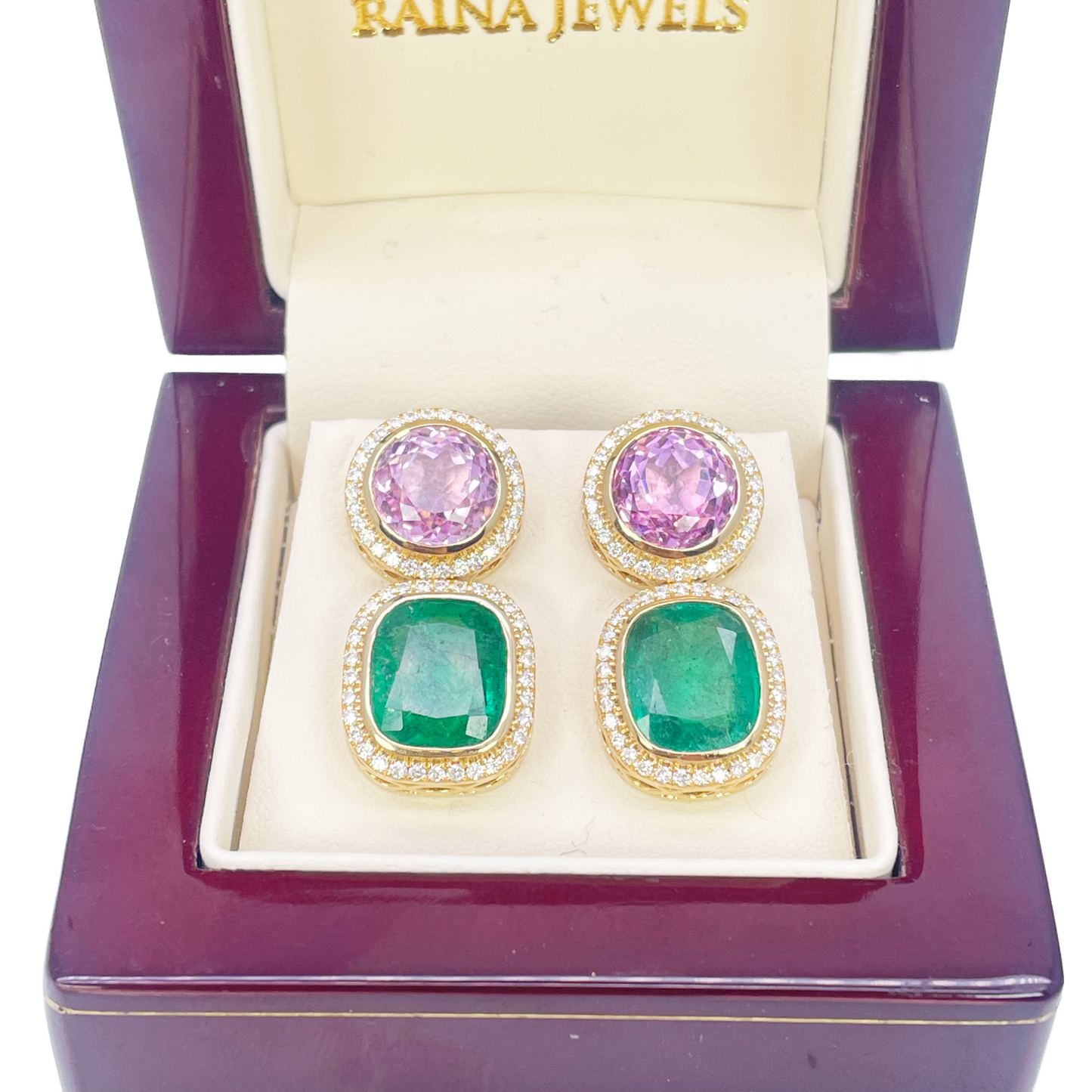 18ct Yellow Gold Emerald, Kunzite Rubover Set Halo Diamond Drop Earrings 17.76ct