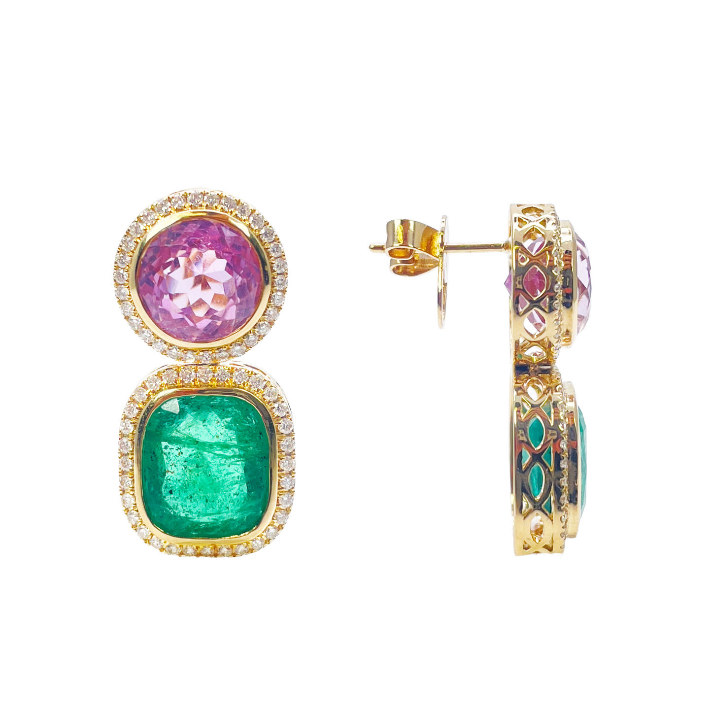 18ct Yellow Gold Emerald, Kunzite Rubover Set Halo Diamond Drop Earrings 17.76ct