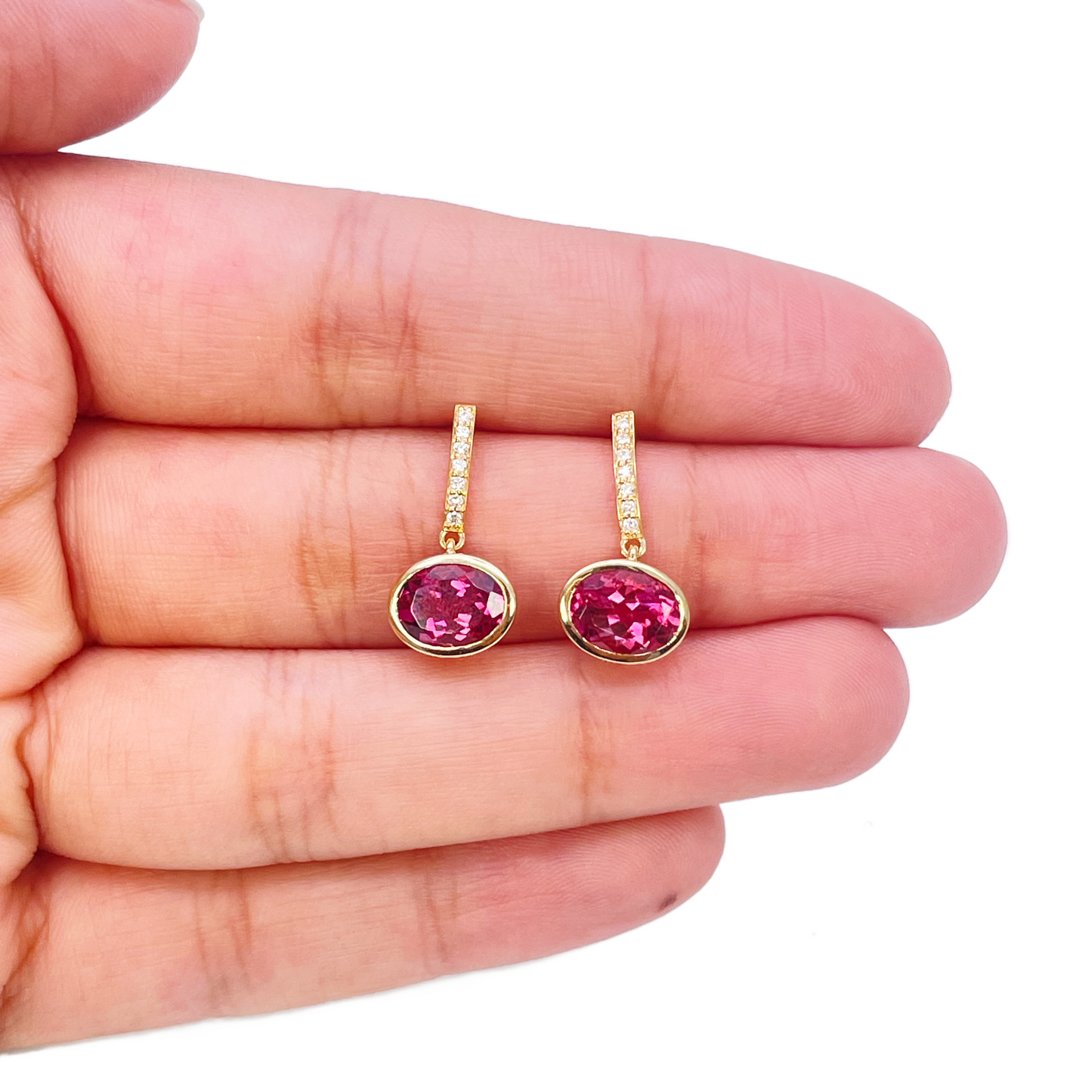 18ct Yellow Gold Pink Tourmaline Rubover Set Diamond Drop Earrings 2.49ct