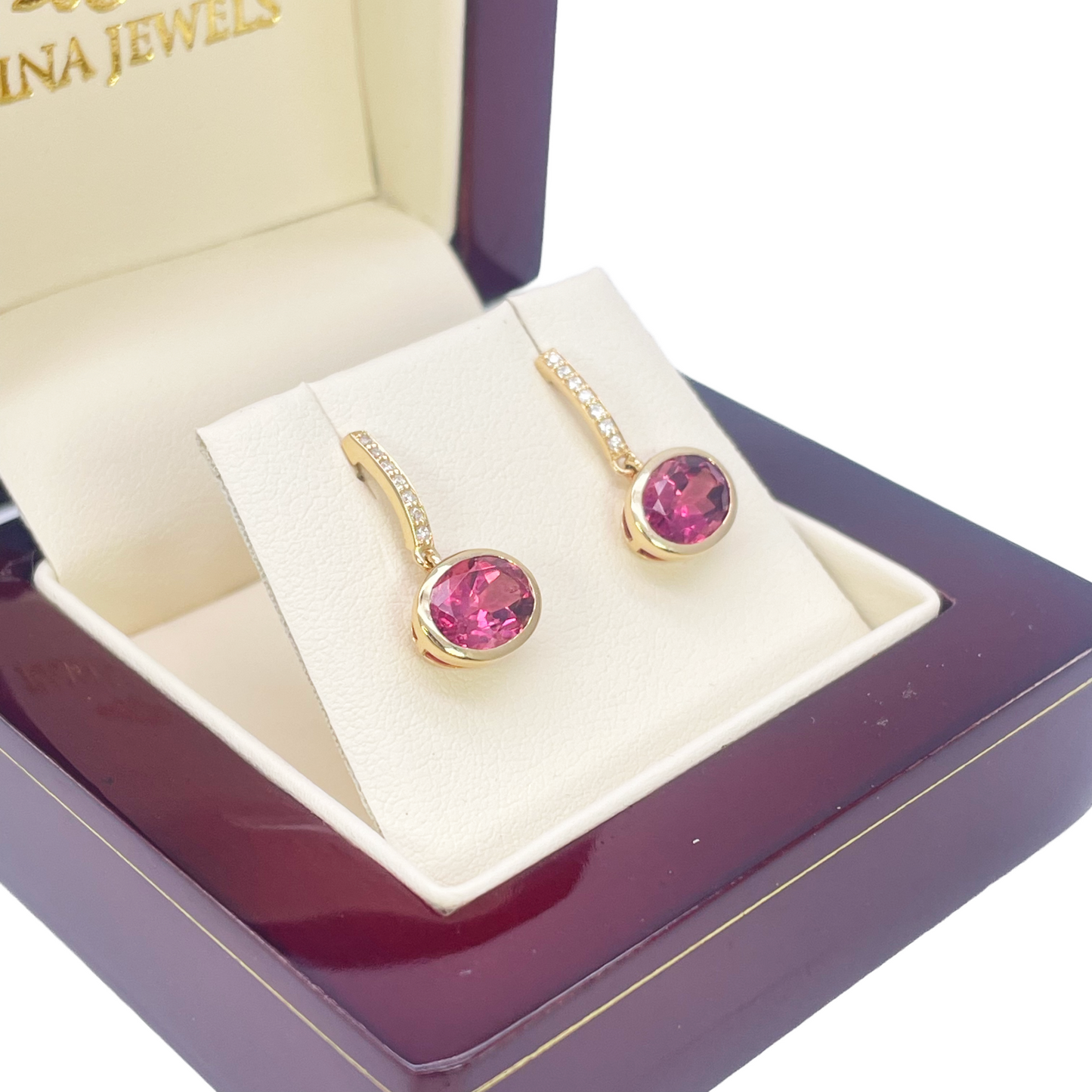 18ct Yellow Gold Pink Tourmaline Rubover Set Diamond Drop Earrings 2.49ct