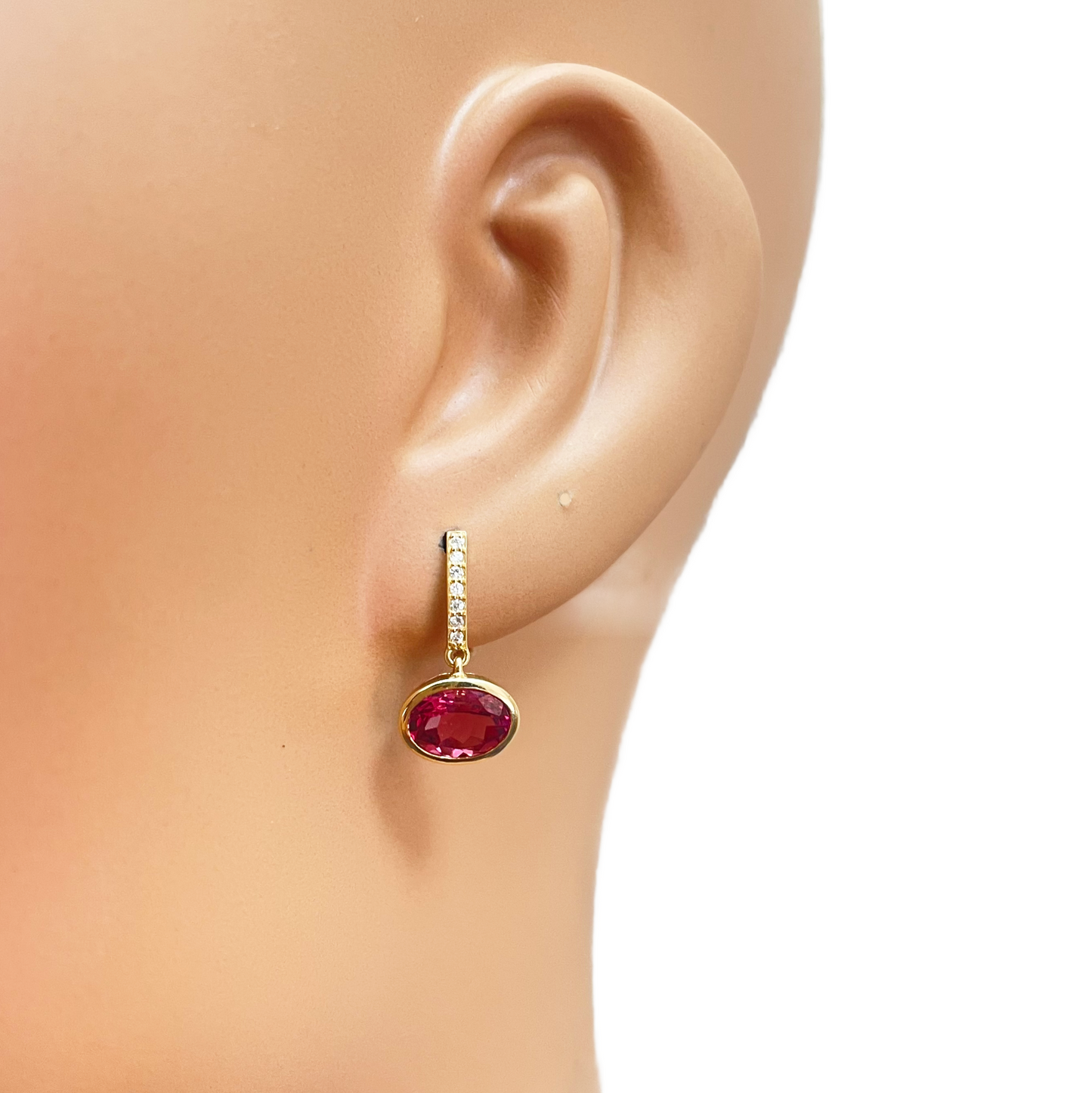 18ct Yellow Gold Pink Tourmaline Rubover Set Diamond Drop Earrings 2.49ct