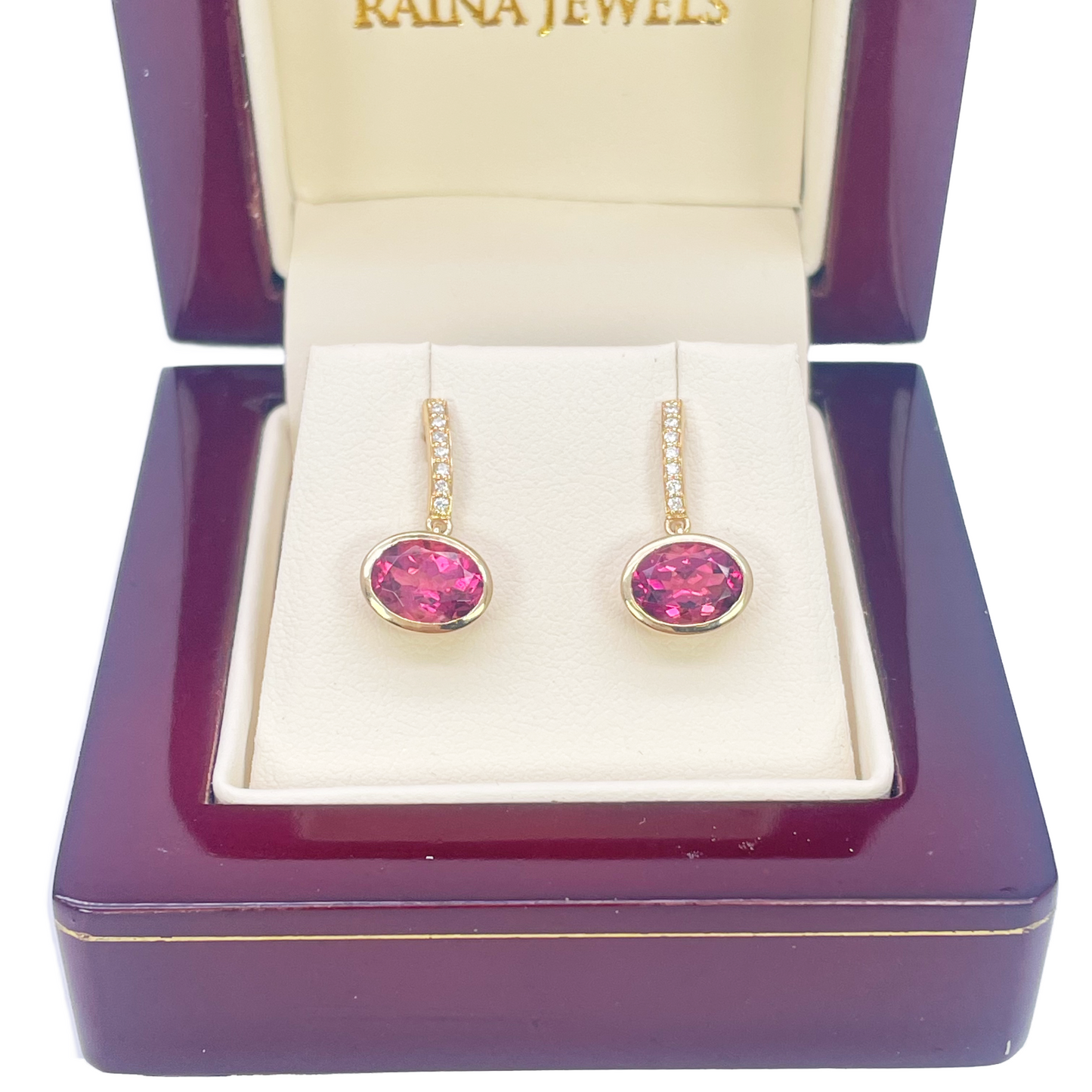 18ct Yellow Gold Pink Tourmaline Rubover Set Diamond Drop Earrings 2.49ct