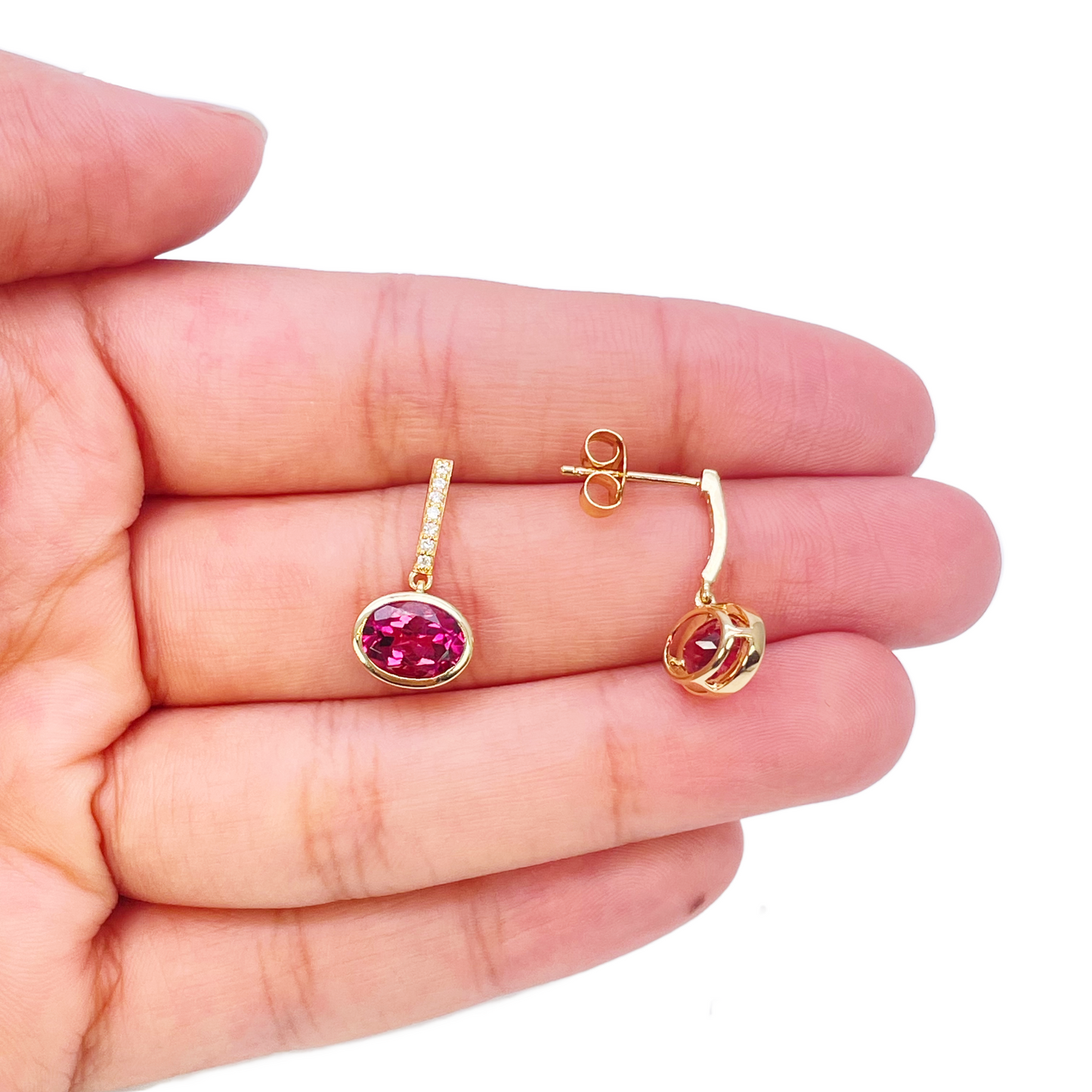 18ct Yellow Gold Pink Tourmaline Rubover Set Diamond Drop Earrings 2.49ct