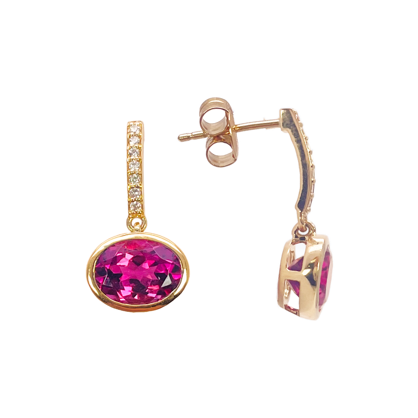 18ct Yellow Gold Pink Tourmaline Rubover Set Diamond Drop Earrings 2.49ct