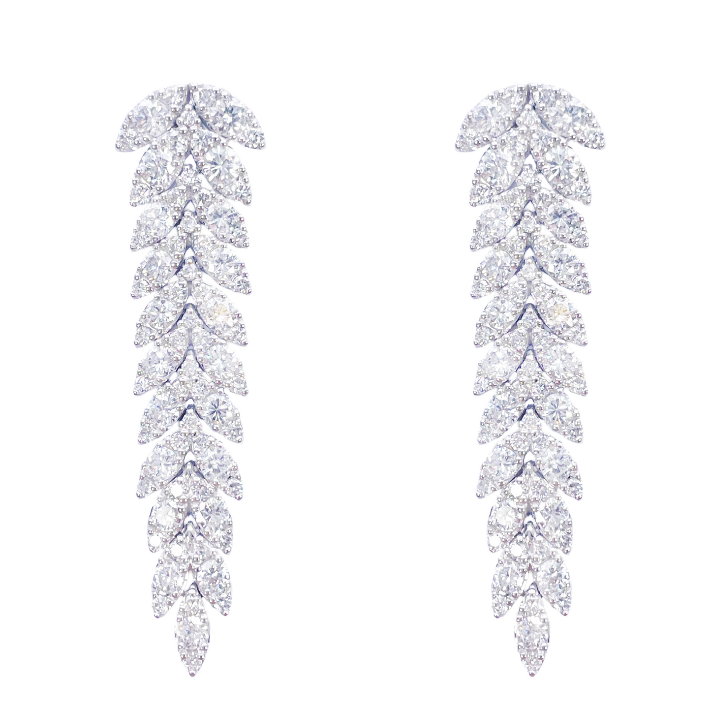 14ct White Gold Natural Diamond Leaf Feather Long Drop Earrings 3.04ct