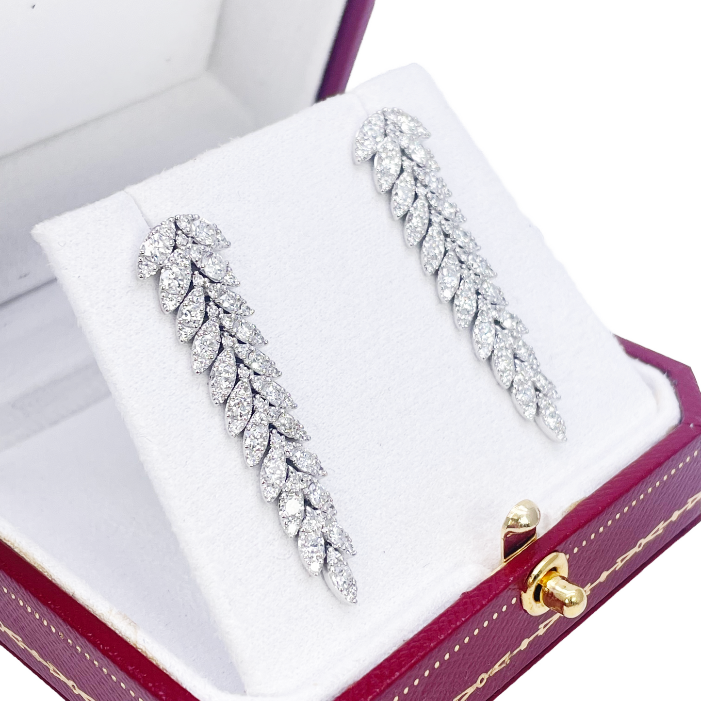 14ct White Gold Natural Diamond Leaf Feather Long Drop Earrings 3.04ct