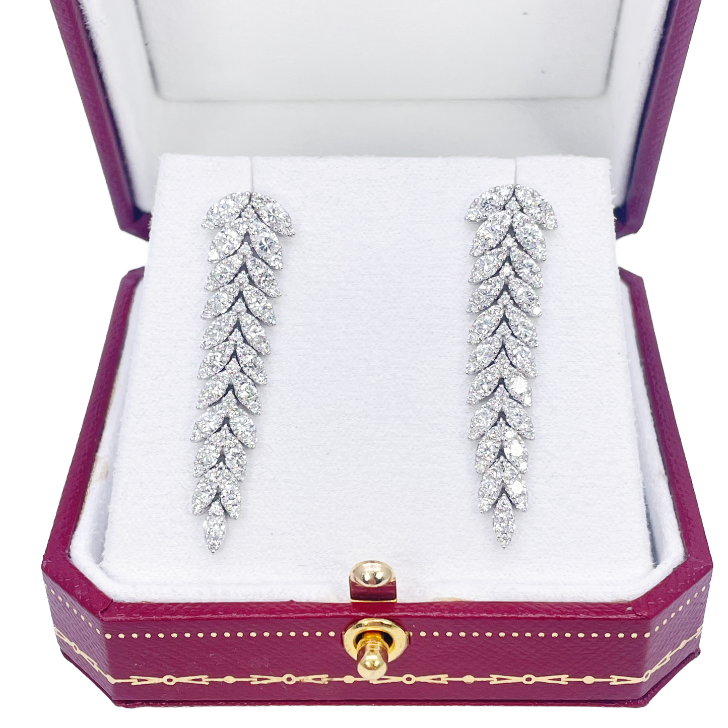 14ct White Gold Natural Diamond Leaf Feather Long Drop Earrings 3.04ct