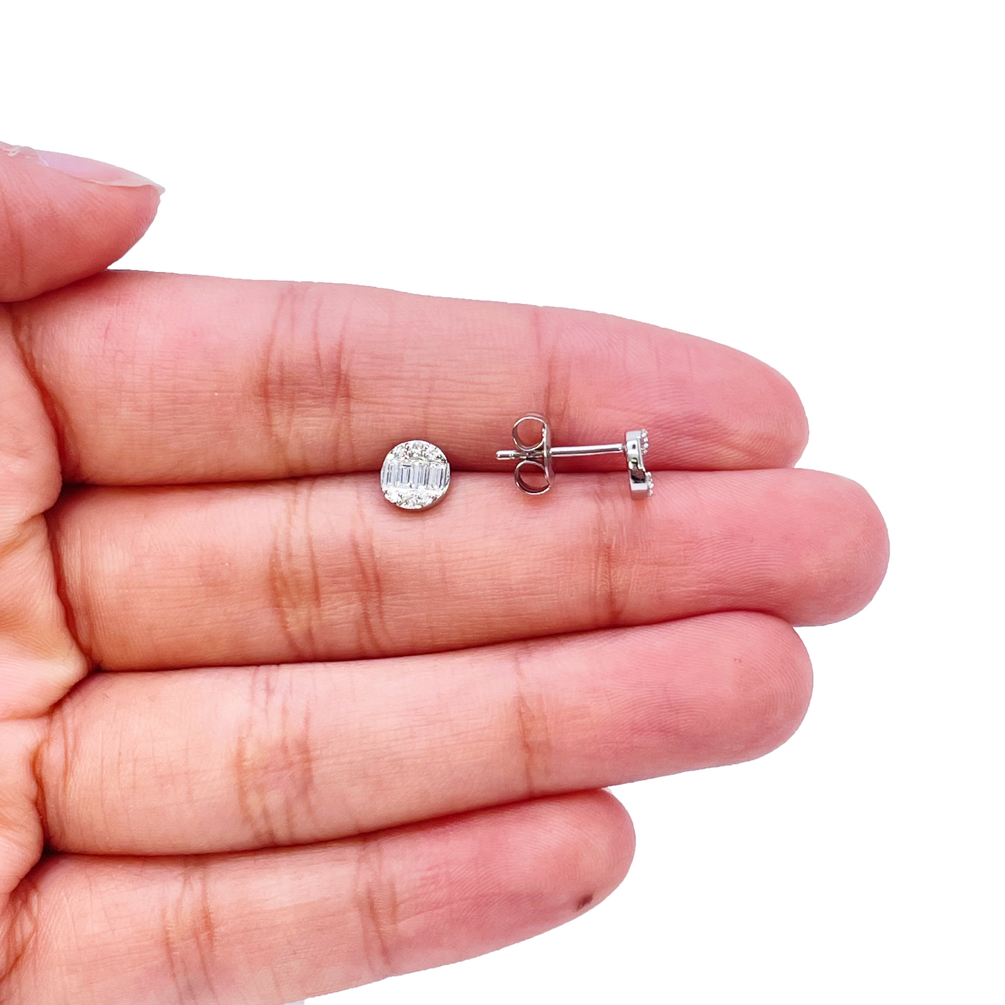 14ct White Gold Natural Diamond Round & Baguette Stud Earrings 0.32ct